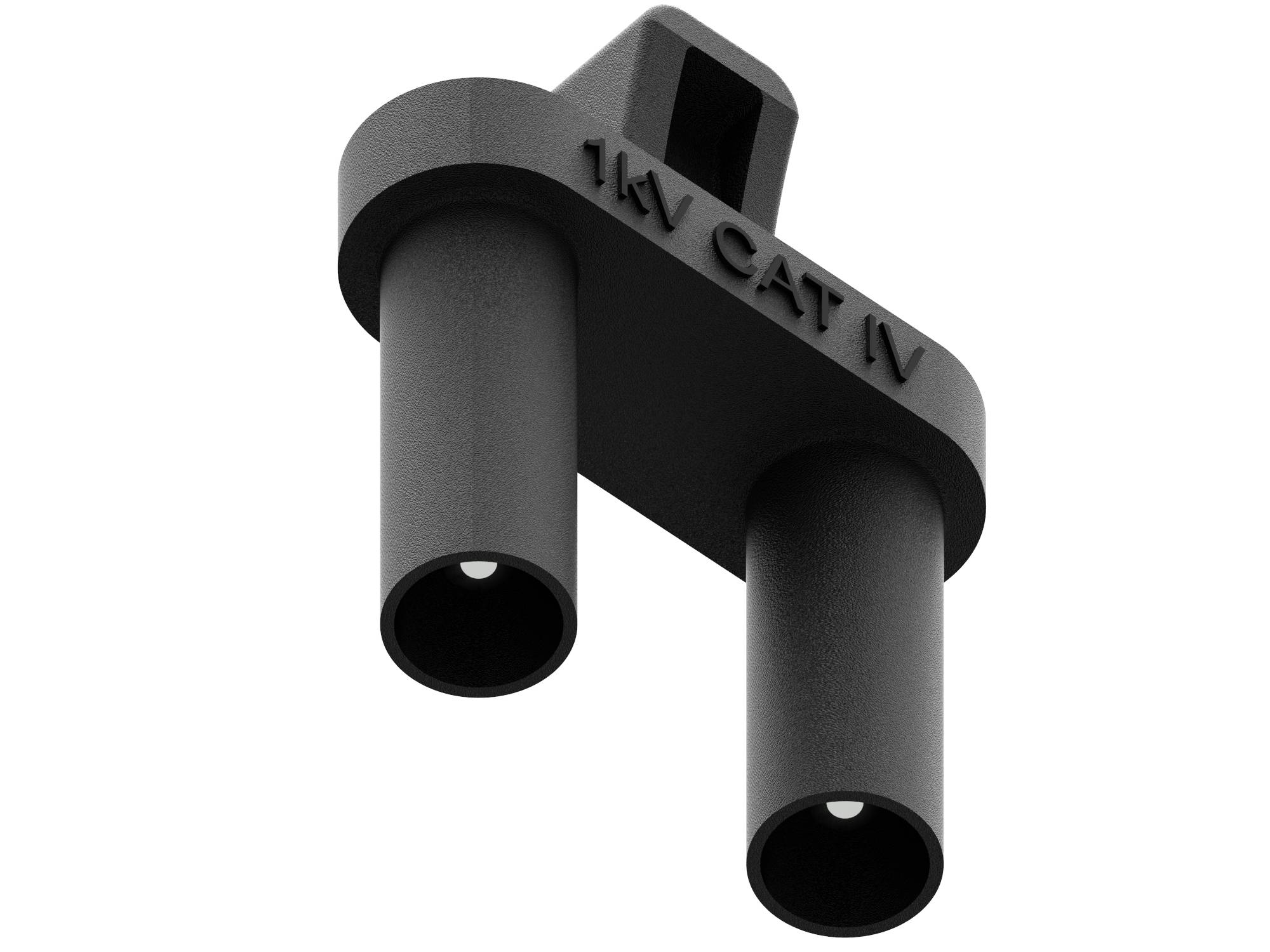 '1kV CAT IV' Prüfstecker für elektrische Messgeräte, bestehend aus zwei schwarzen Zylinderkontakten an einem Kunststoffgehäuse.