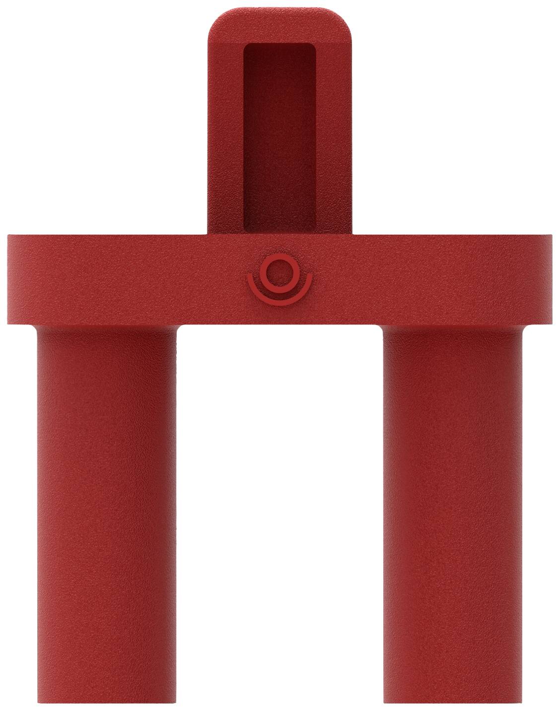 Rotes Bauteil mit zwei zylindrischen Säulen, darüber eine rechteckige Halterung.