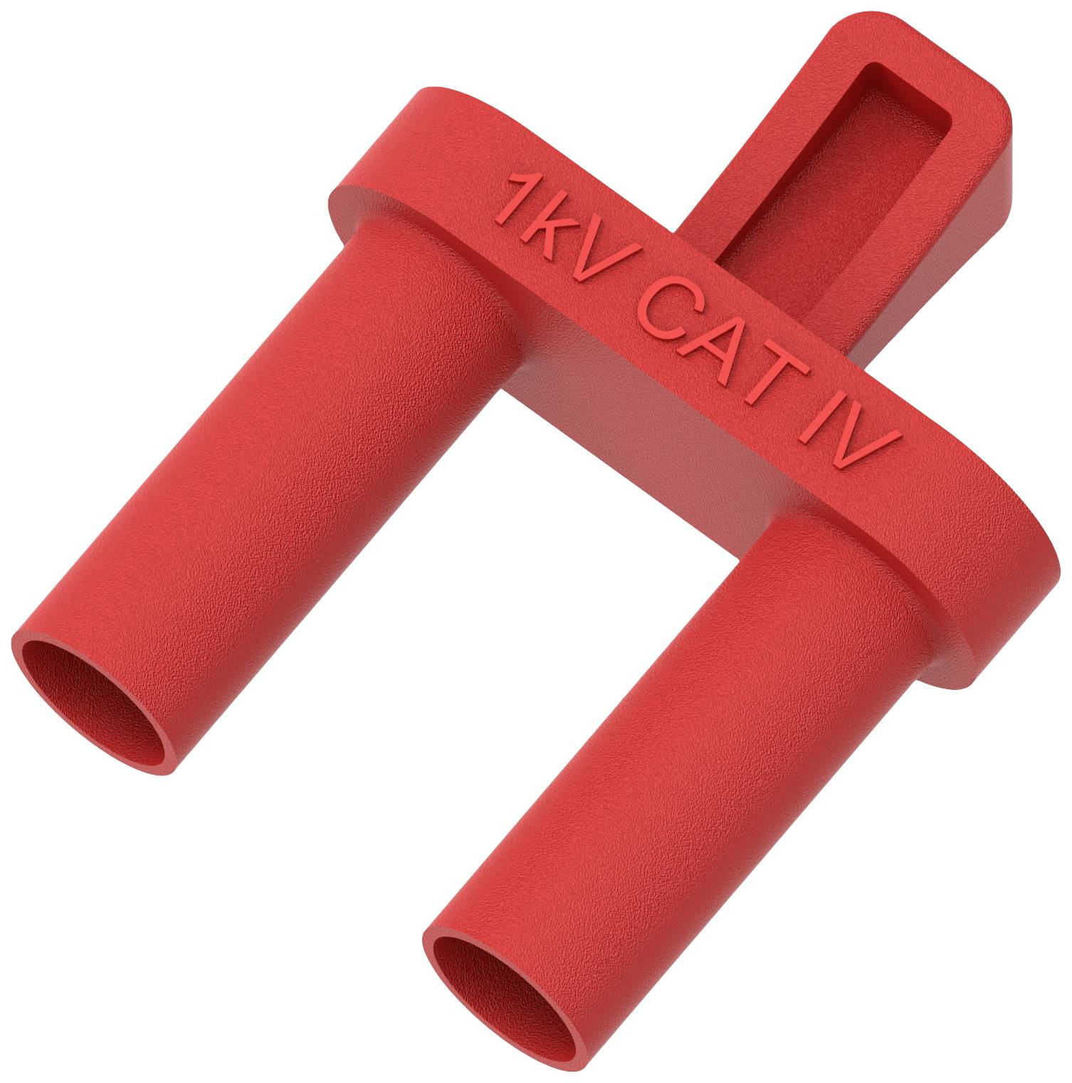 Rotes elektrisches Prüfgerät mit der Aufschrift '1KV CAT IV', zwei Steckplätze und rechteckiger Griff.用于高电压测试的绝缘测试仪器。