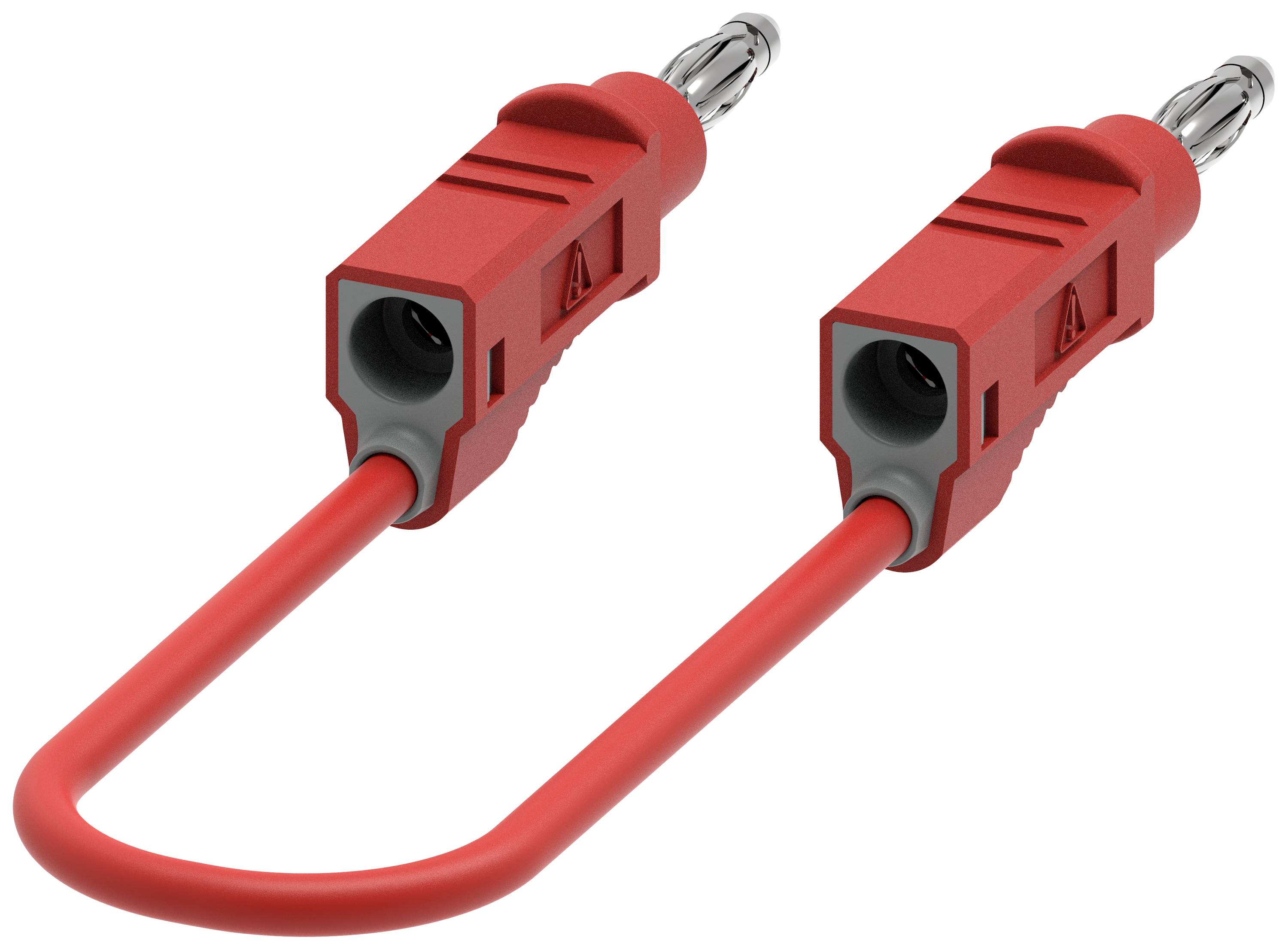 Ein rotes Doppelkabel mit zwei Steckern an den Enden, geeignet für elektrische Verbindungen.
