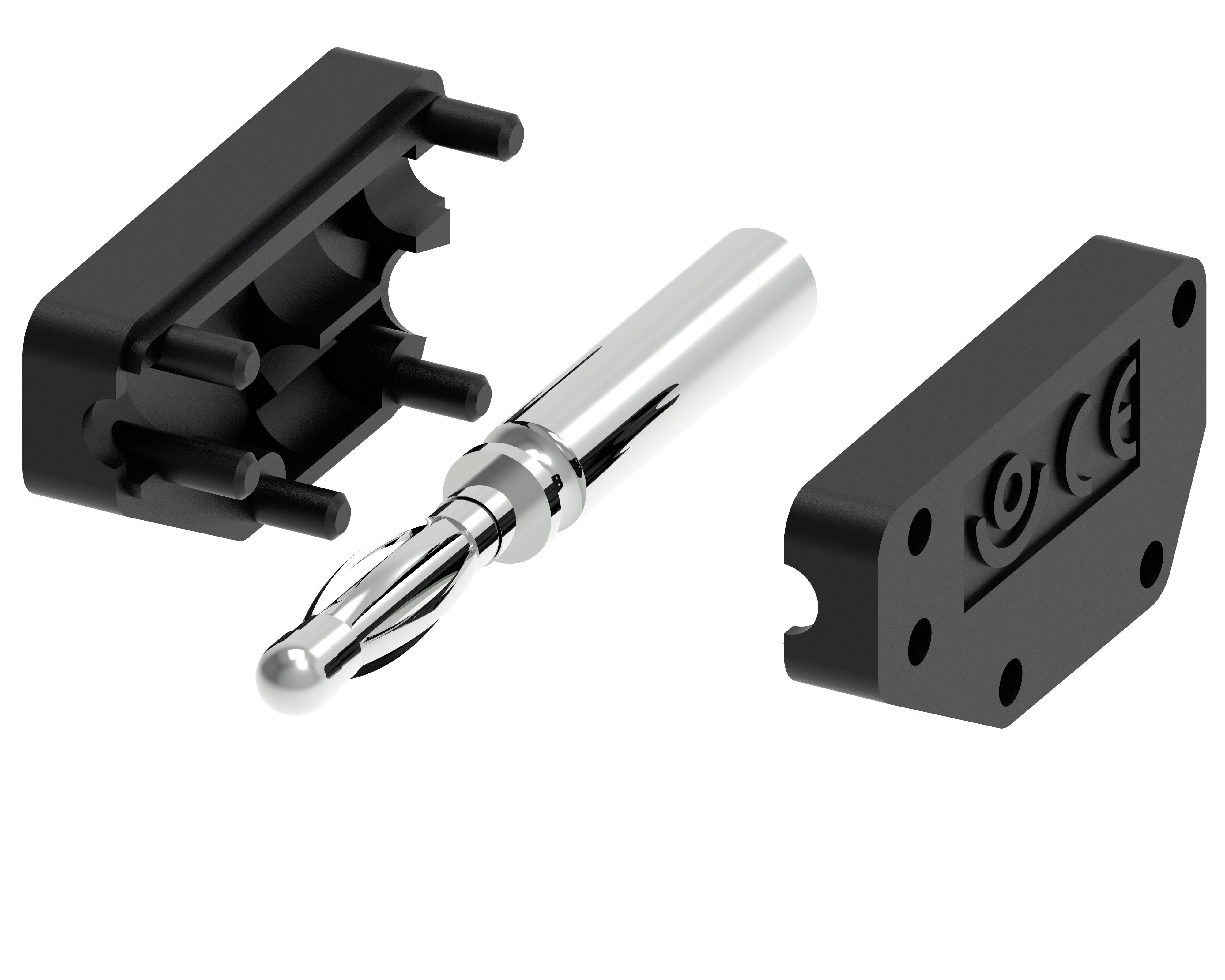 Schwarz-silberner elektrischer Steckverbinder mit drei Hauptteilen: zwei schwarze Plastikgehäuseteile und ein metallischer Verbindungsstift in der Mitte.