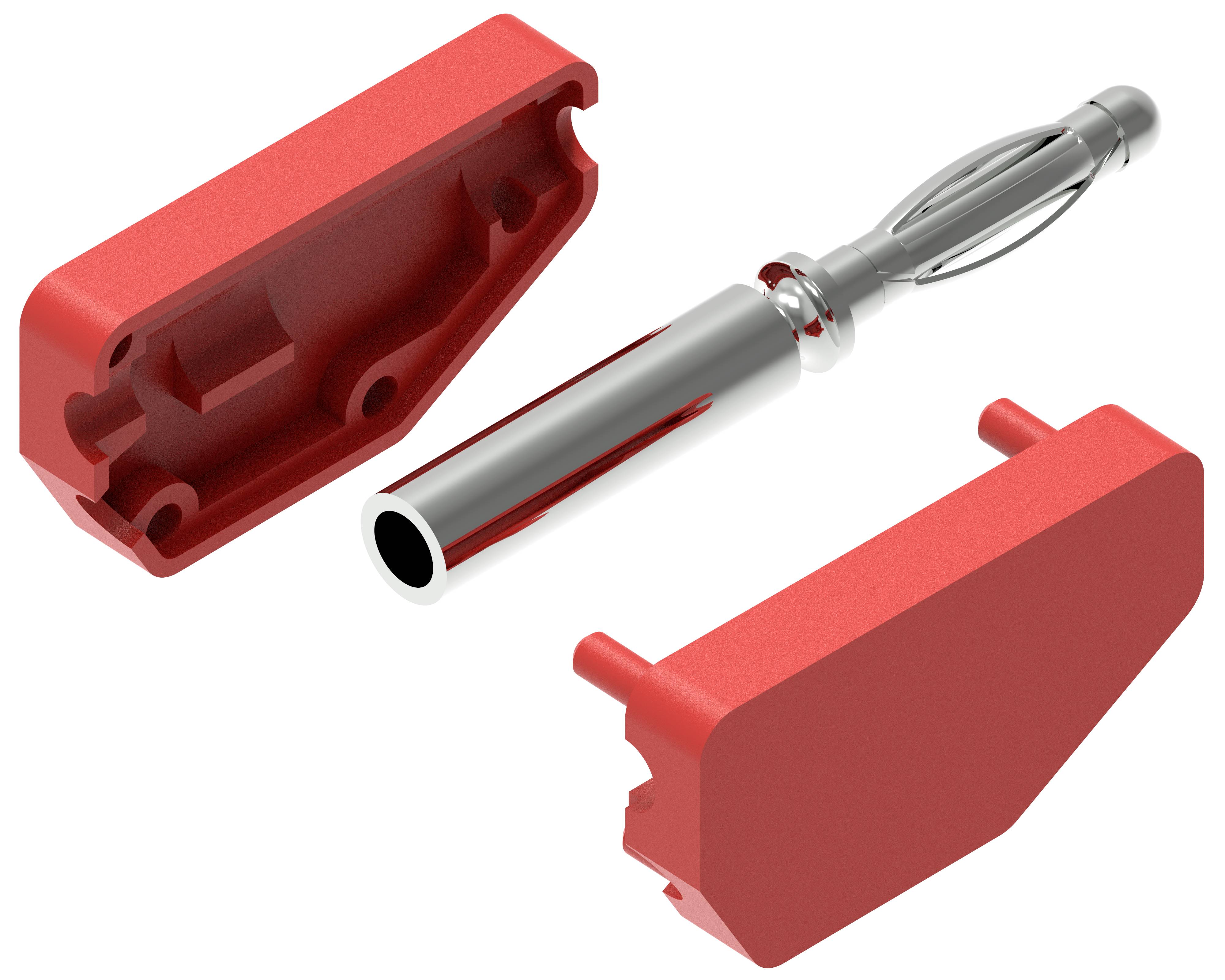 Roter Kunststoff-Tragkoffer neben einem silbernen, länglichen metallischen Werkzeug mit mehreren länglichen Öffnungen an einem Ende.