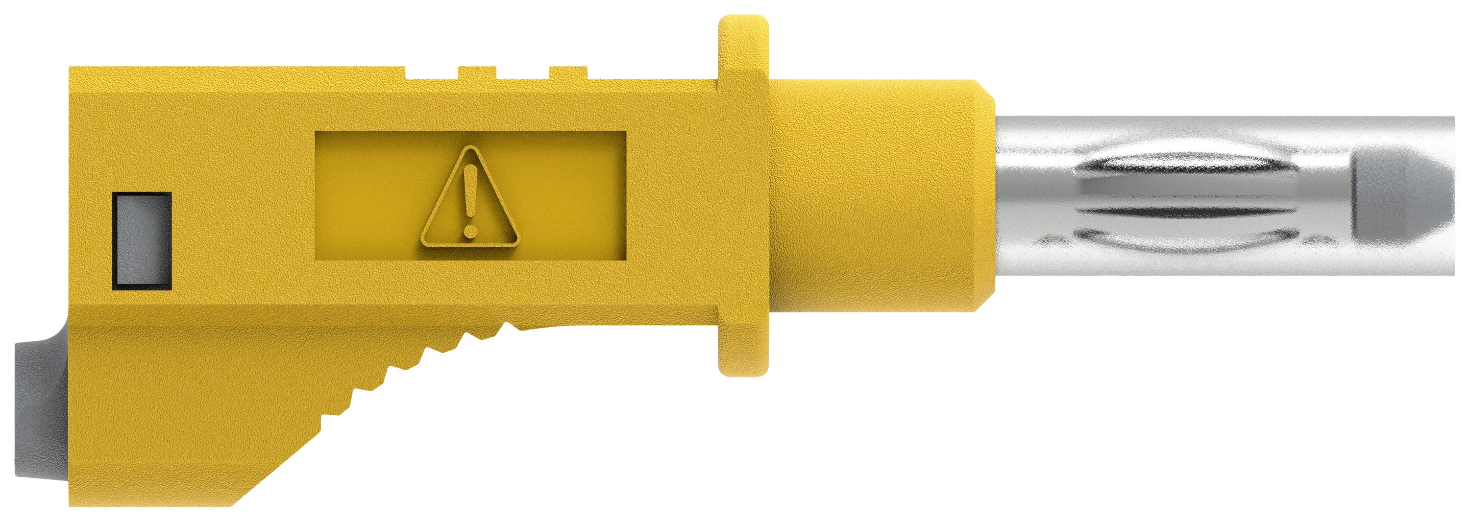 Ein gelbes, rechteckiges Werkzeug mit einem Metallarm und einem Warnsymbol. Dient vermutlich zu Installations- oder Wartungszwecken.