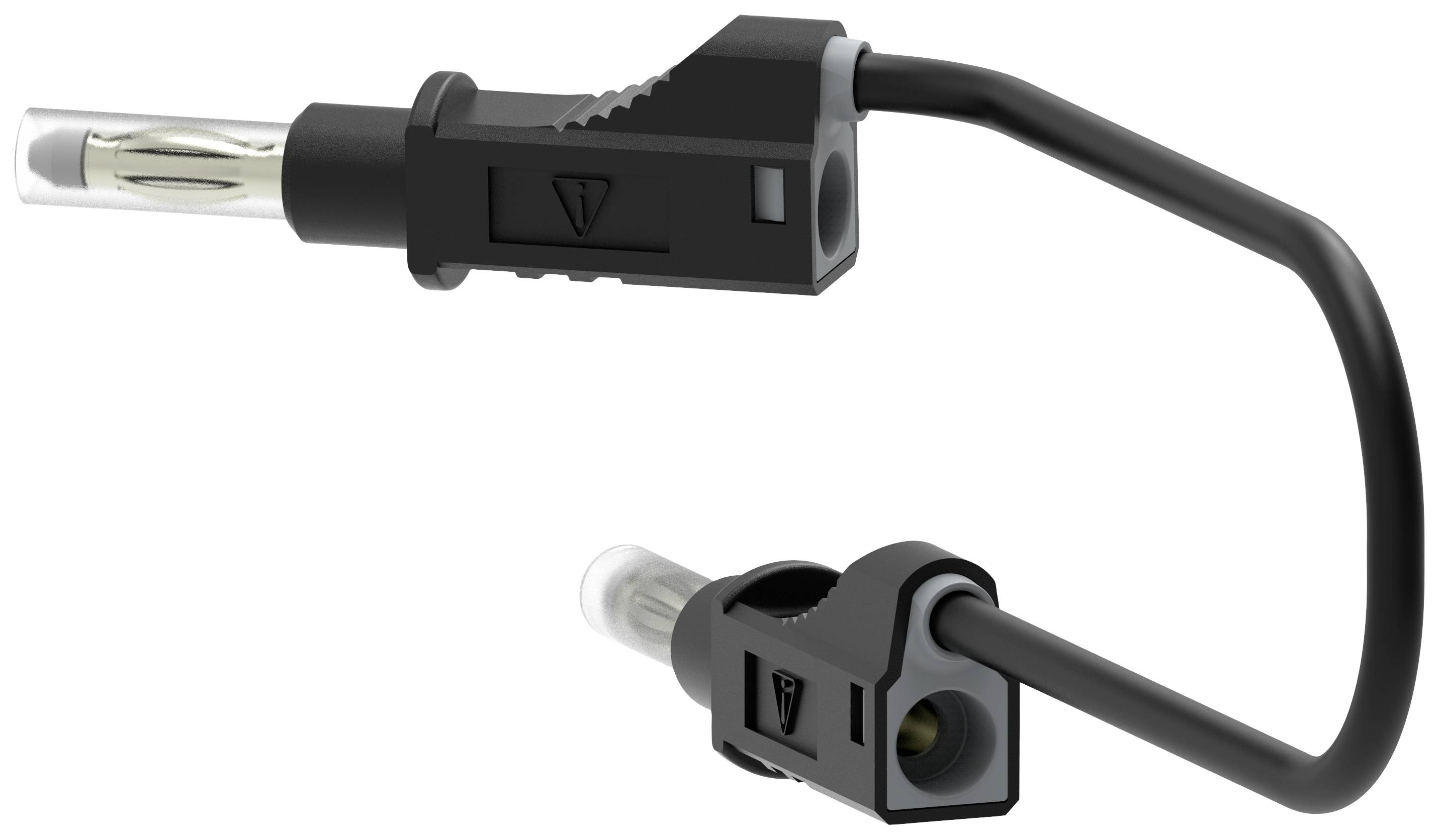 Zwei schwarze elektrische Stecker mit Kabel, die über einen Winkel verbunden sind. Sie sind Teil eines technischen Geräts.