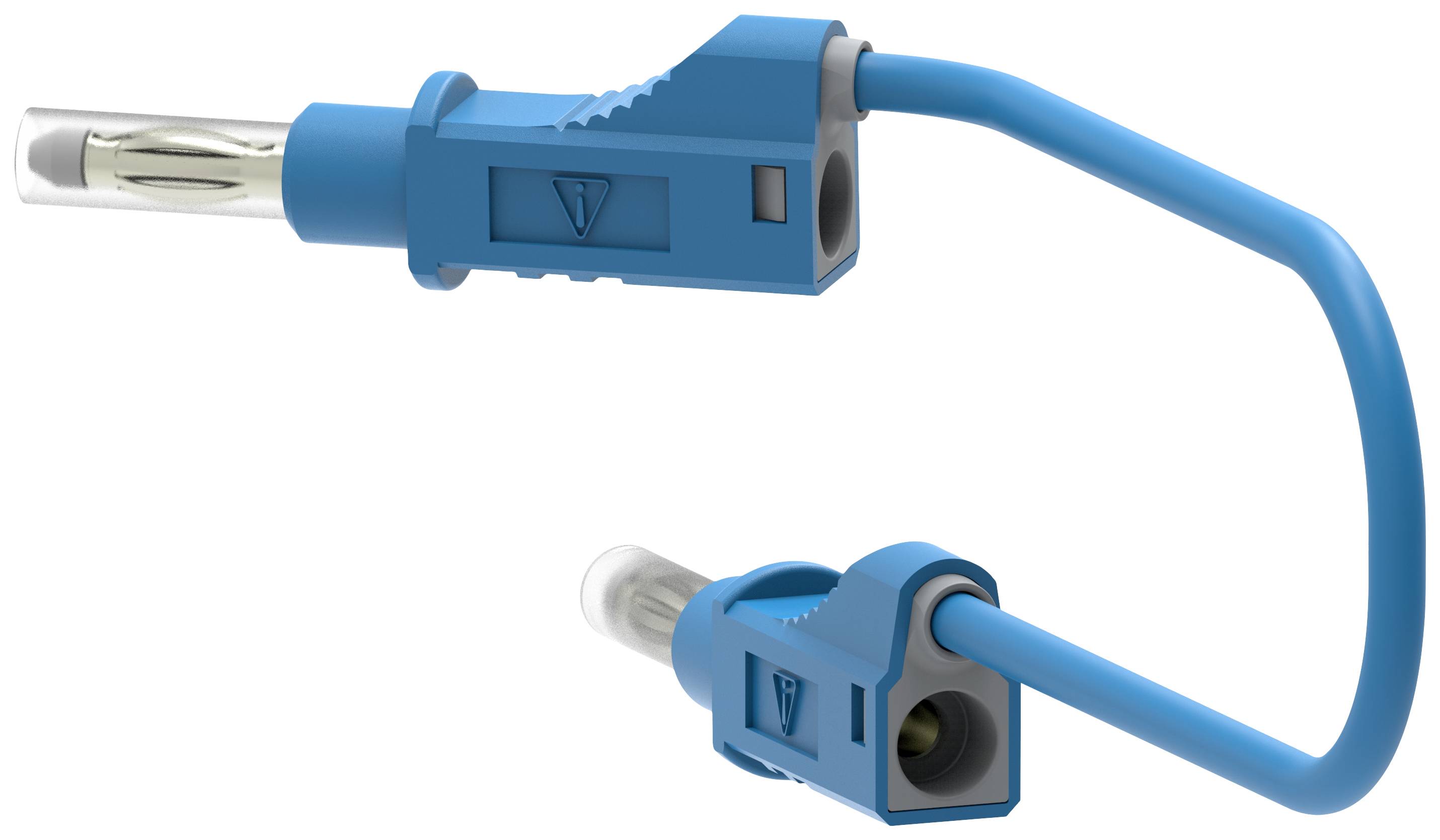 Blauer Lüsterklemmen-Verschluss mit transparenten Anschlüssen und flexibel geformtem Draht, typischerweise für elektrische Verbindungen.