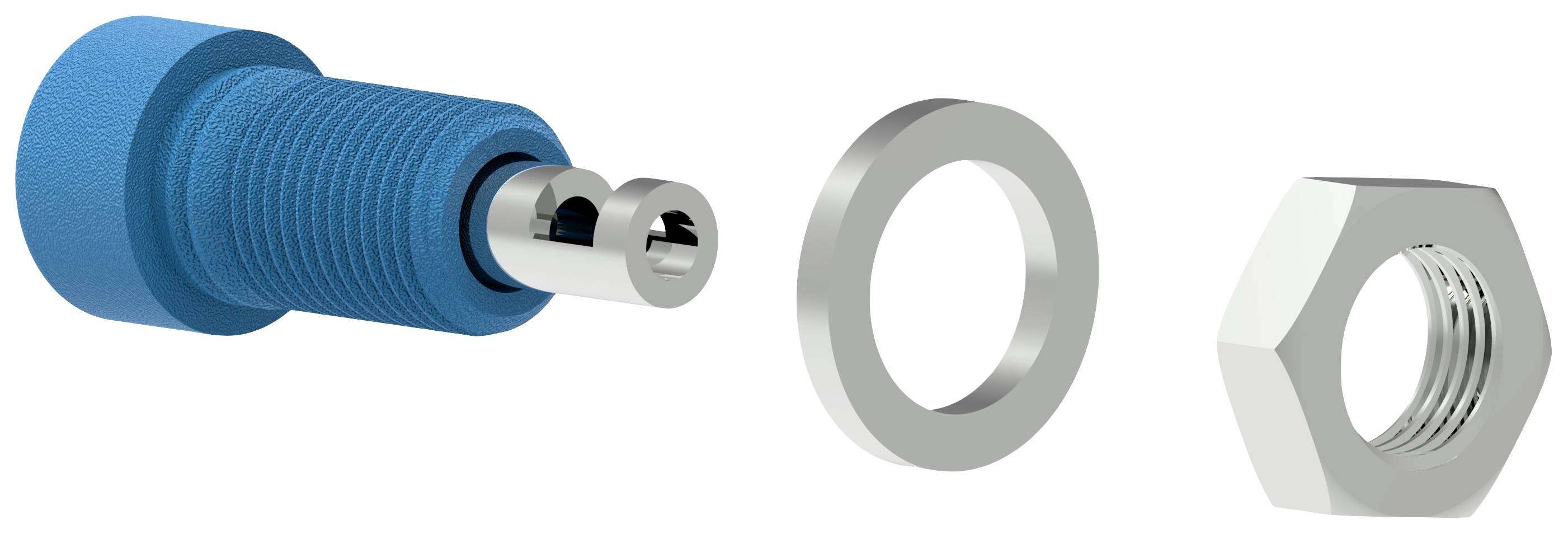 Ein blauer Anschluss, eine Metallscheibe und eine sechseckige Mutter sind in einer Reihe angeordnet und zeigen einen Montageschritt.