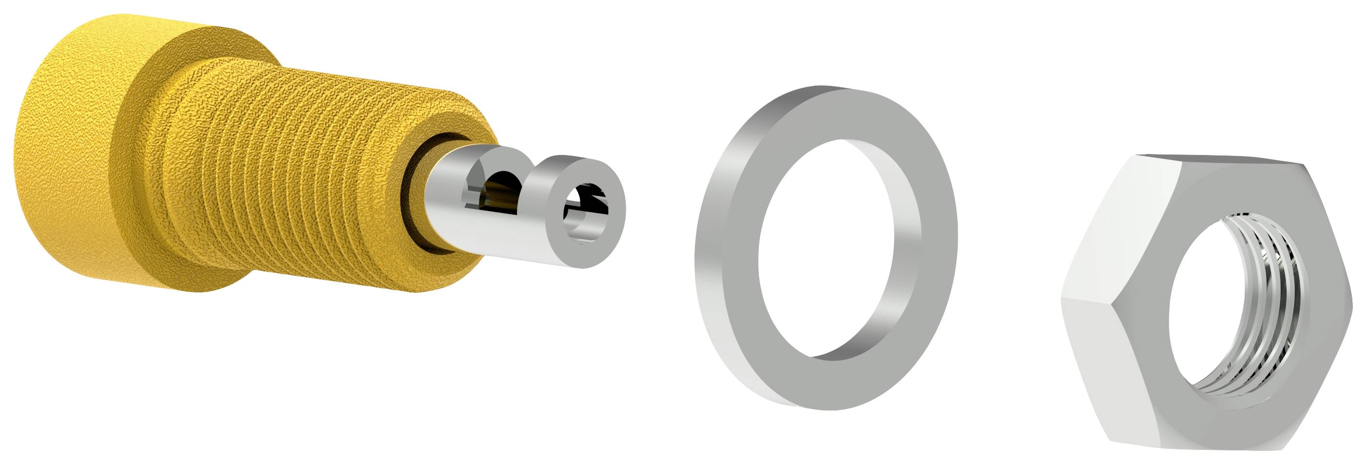 Gelbe Schraube mit Distanzring und sechseckiger Mutter; Bauteile für mechanische Verbindungen.