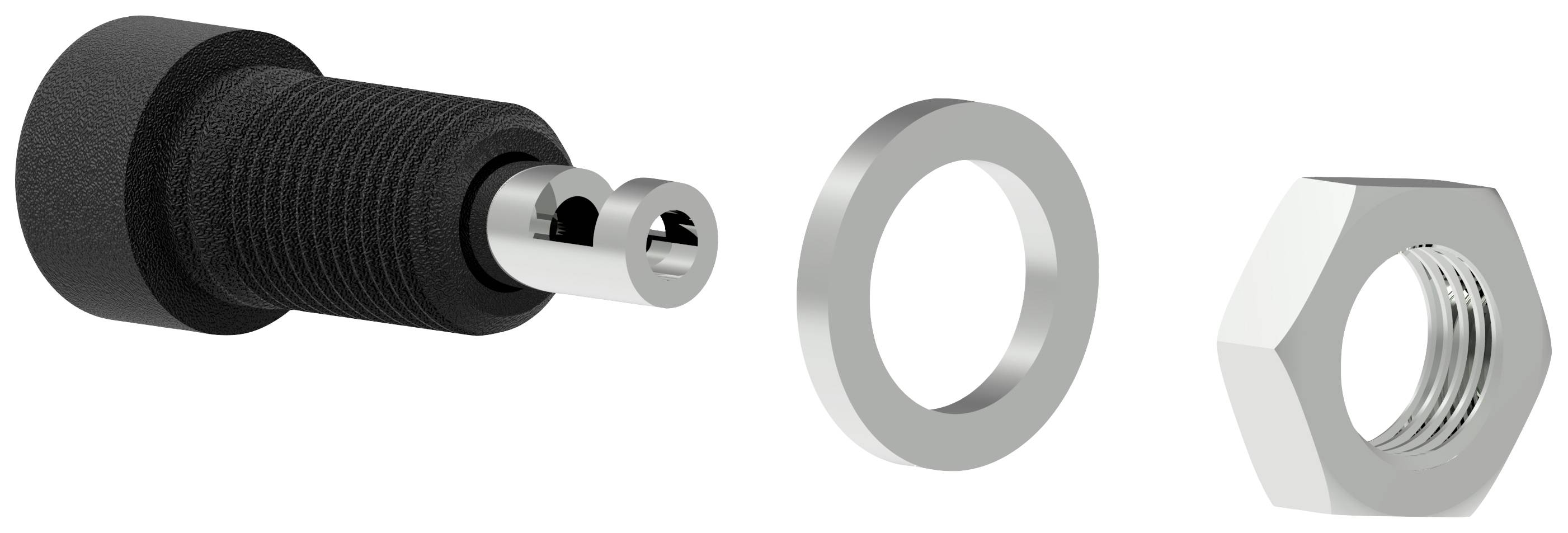 Explosionszeichnung eines Steckeradapters mit Schraube, Mutter und Dichtungsscheibe.