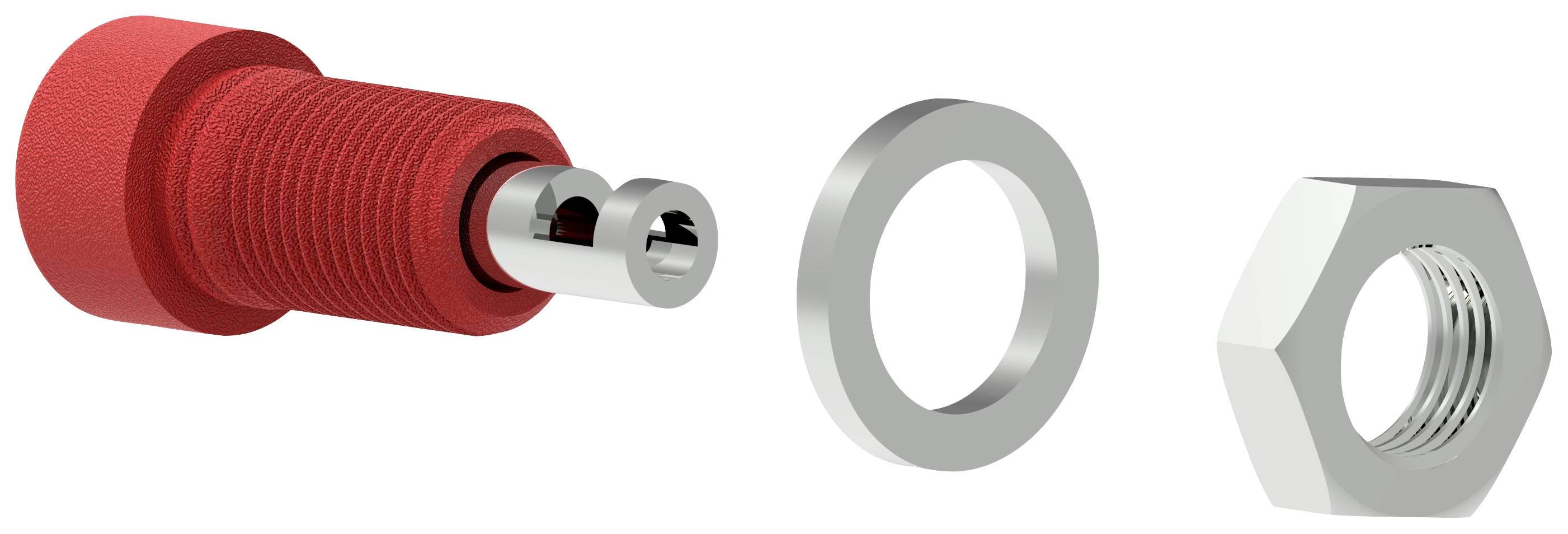 Ein rotes Maschinenteil mit Innengewinde, silberne Unterlegscheibe und sechseckige Mutter. Eignung für mechanische Anwendungen.