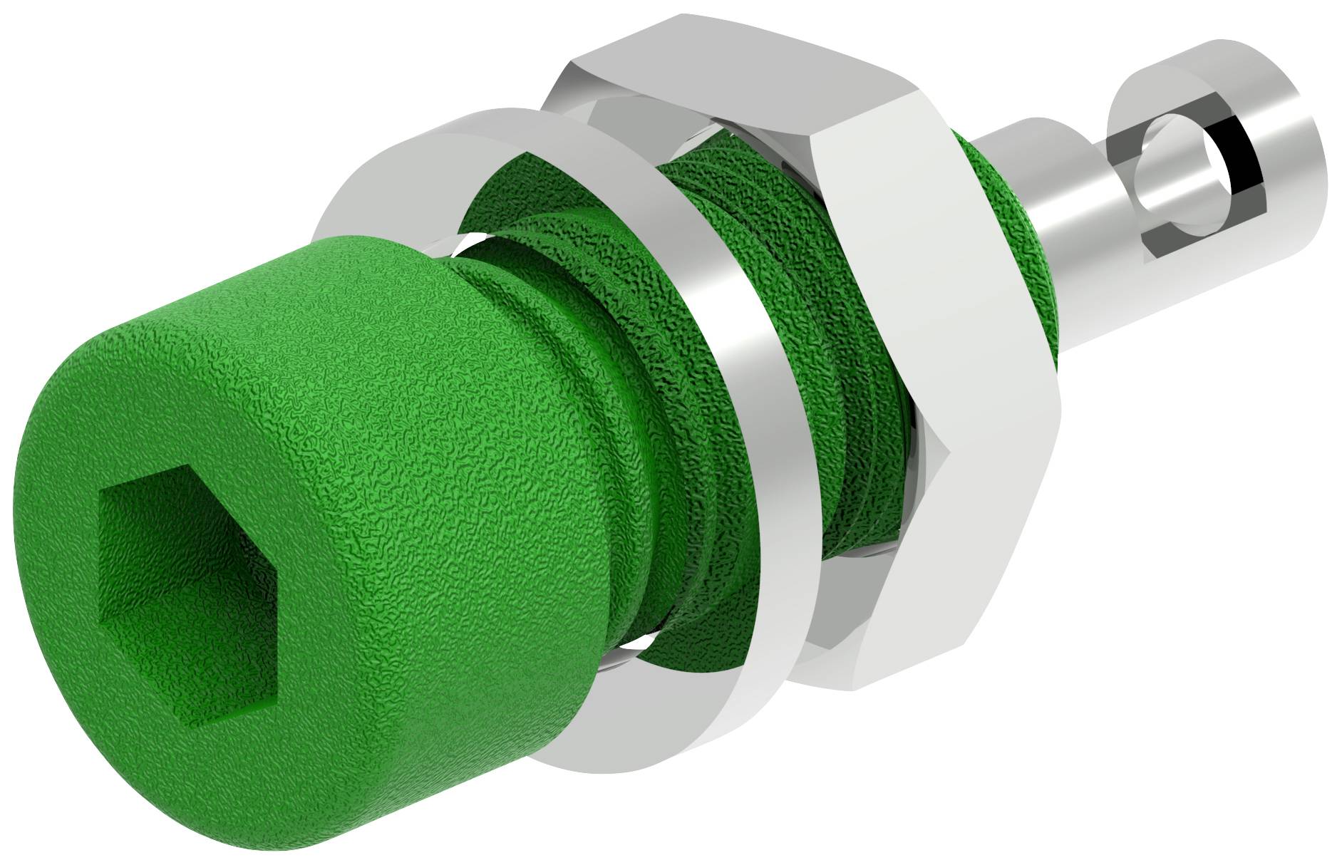Ein grüner Metallstecker mit Sechskantöffnung und silbernen Ringen zur Befestigung, verwendet für technische Verbindungen.
