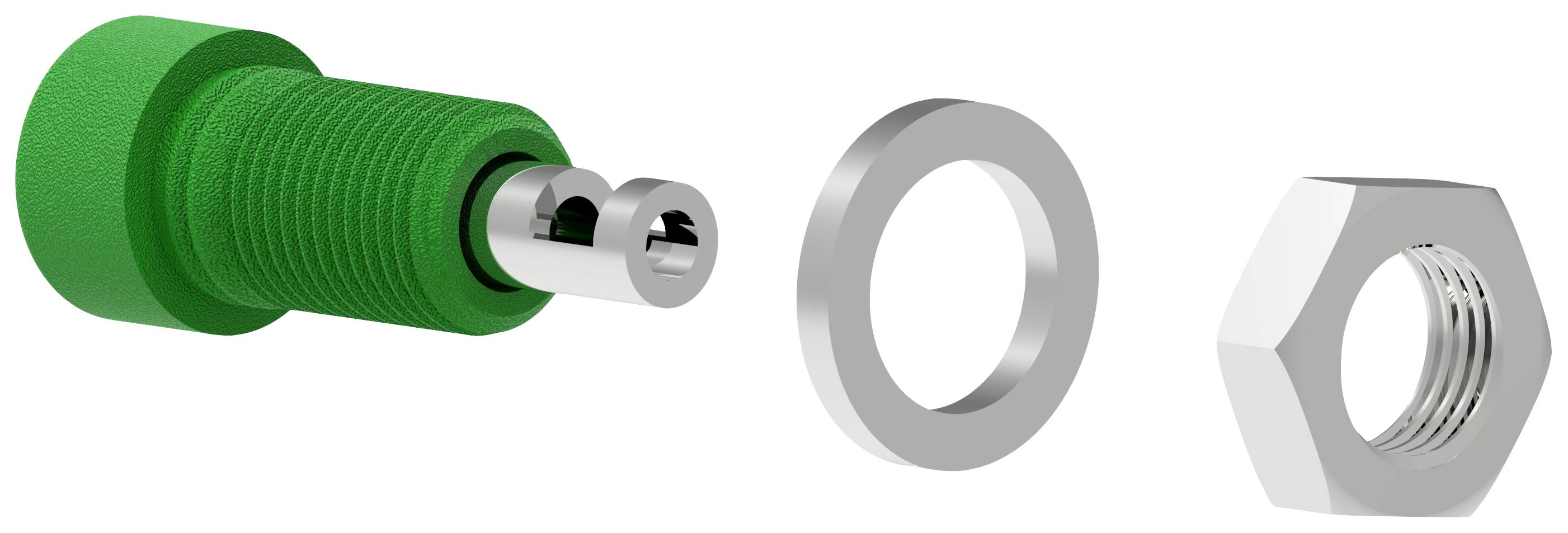 Abbildung zeigt eine grüne Schraube mit einer Unterlegscheibe und einer Mutter. Sie sind in einer Reihe zur Montage angeordnet.