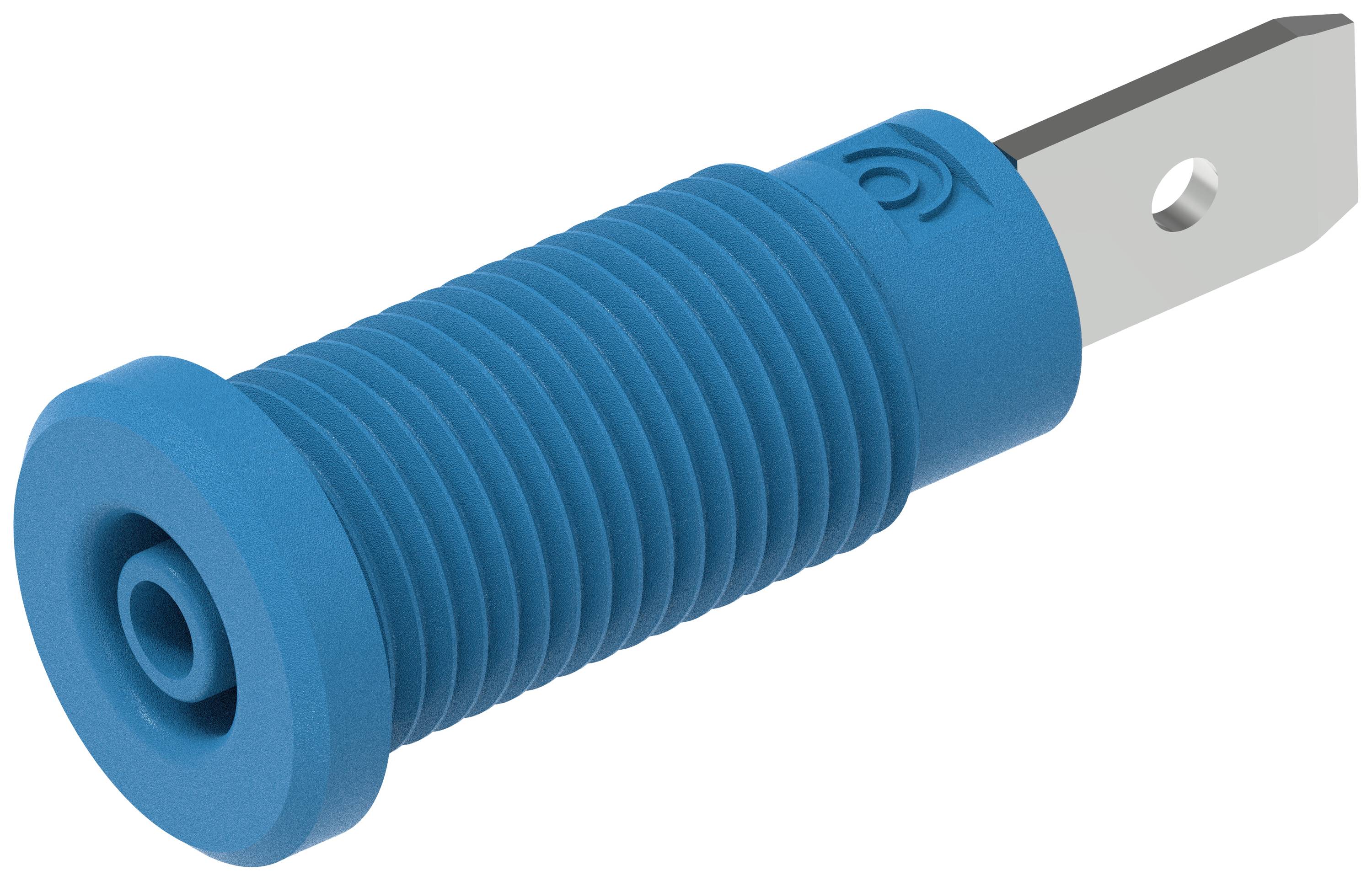 Ein blauer, gerippter Kunststoff-Griff mit einem metallischen, flachen Befestigungsstift.