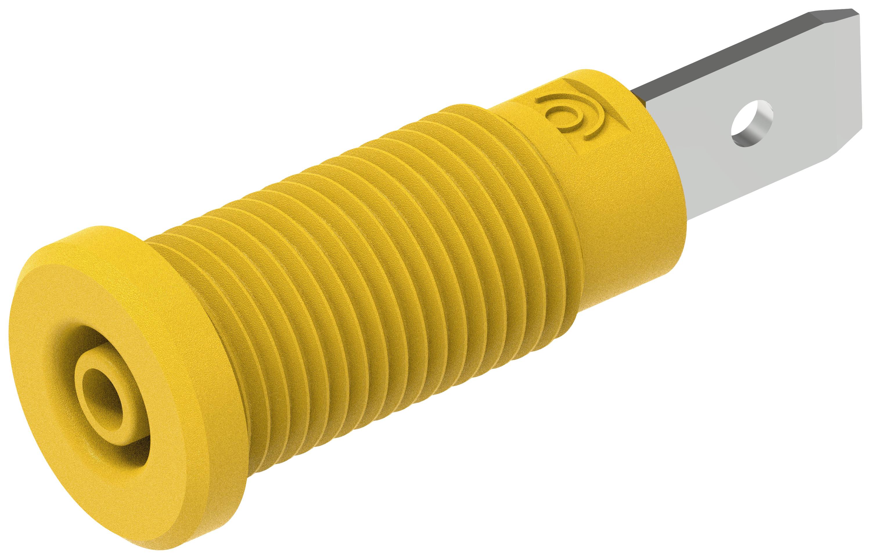 Gelber Plastikdübel mit geripptem Schaft und glattem Kopf, seitlich liegend. Hauptsächlich für Befestigungszwecke genutzt.