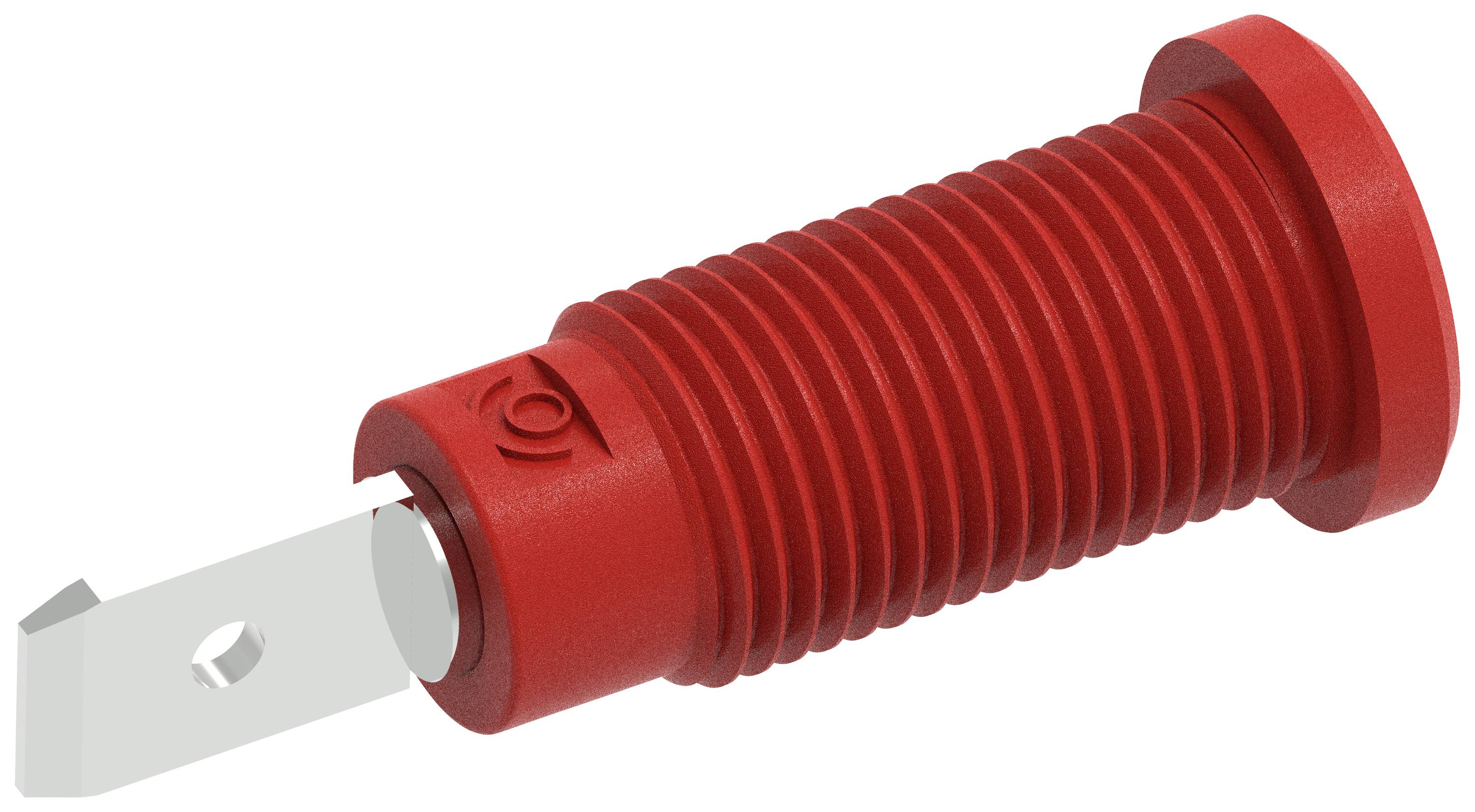 Roter, gerippter Stecker oder Adapter mit flacher Klinge, möglicherweise für elektrische oder mechanische Anwendungen geeignet.