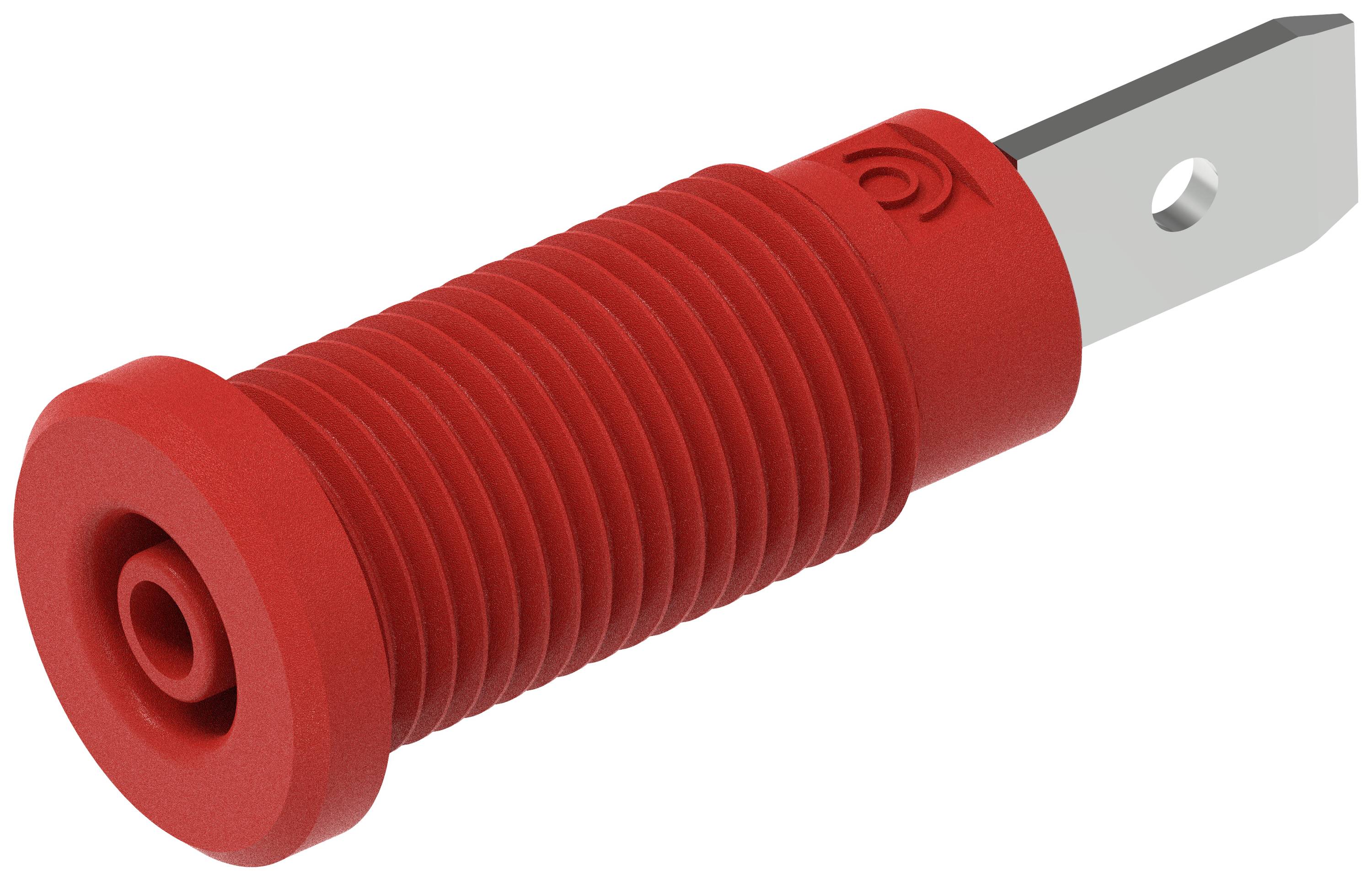 Rotes Bauteil mit geriffeltem Griff und flachem Metallende. Dient vermutlich als Verbindungselement oder Halterung in einem technischen Kontext.