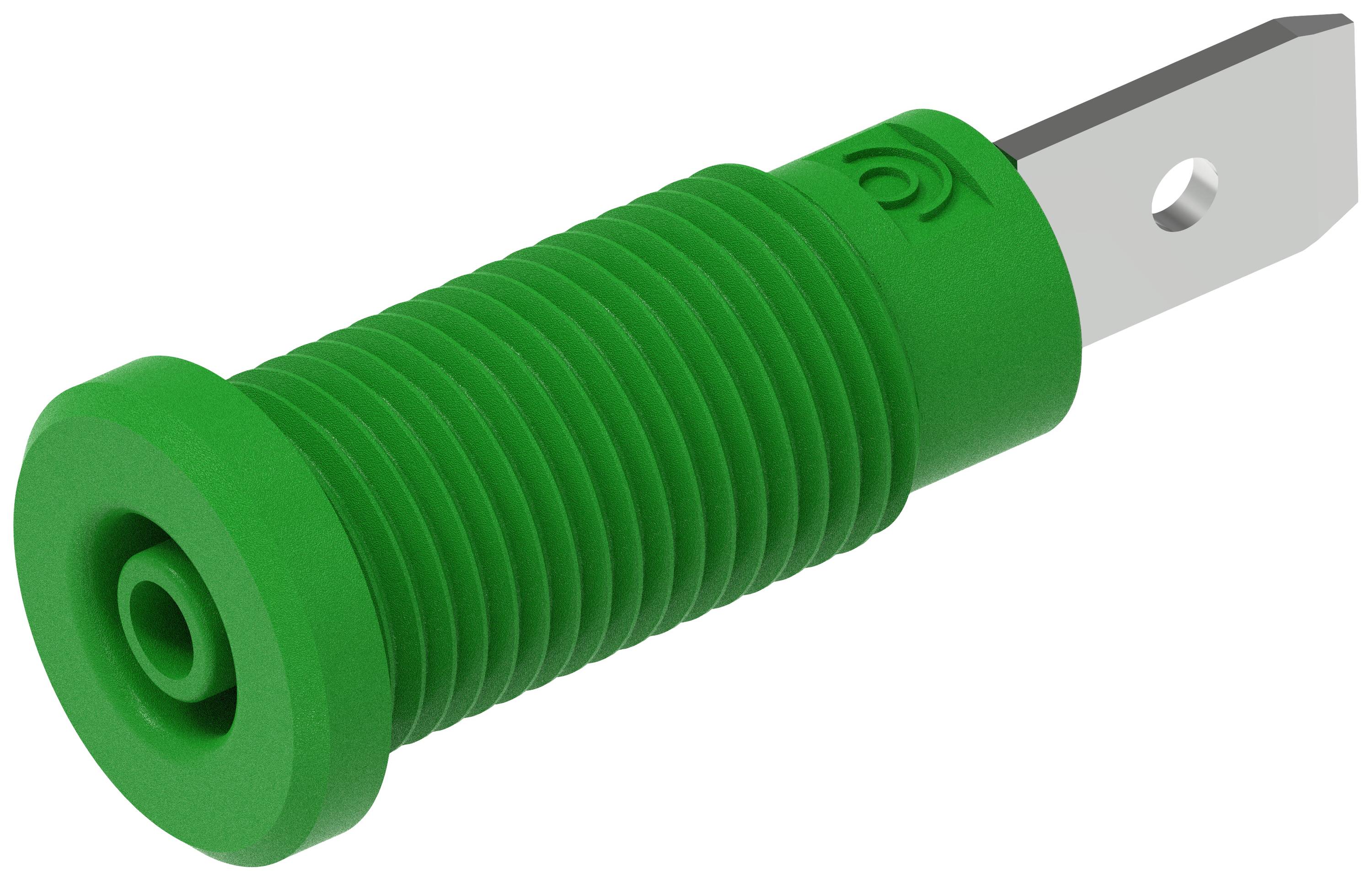 Grüner, zylindrischer Bauteilgriff mit gerillter Oberfläche und einem flachen Metallschaft.