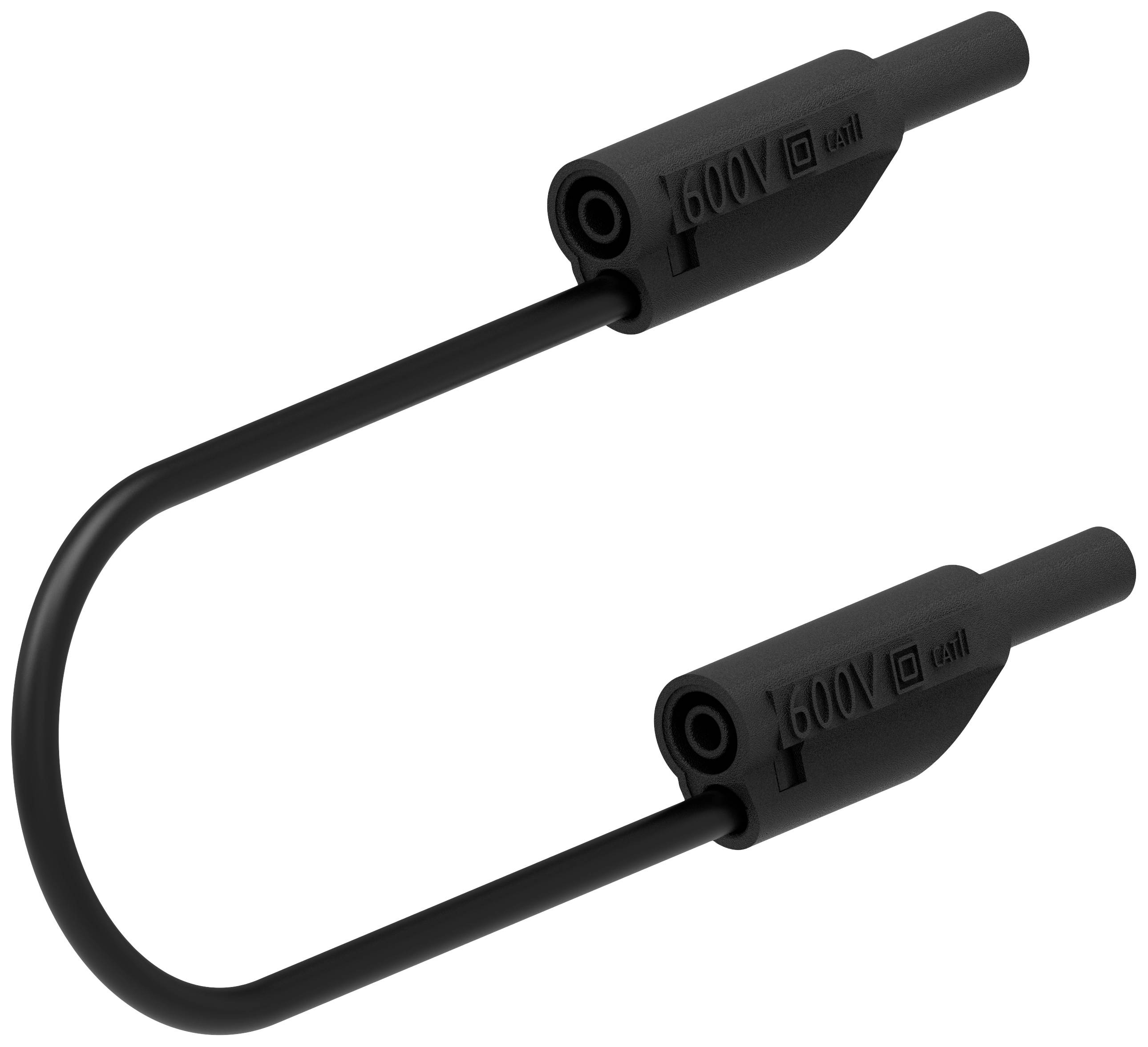 Ein schwarzes Kabel mit zwei Steckern, auf denen '600V' in erhabenem Text steht. Geeignet für elektrische Verbindungen.