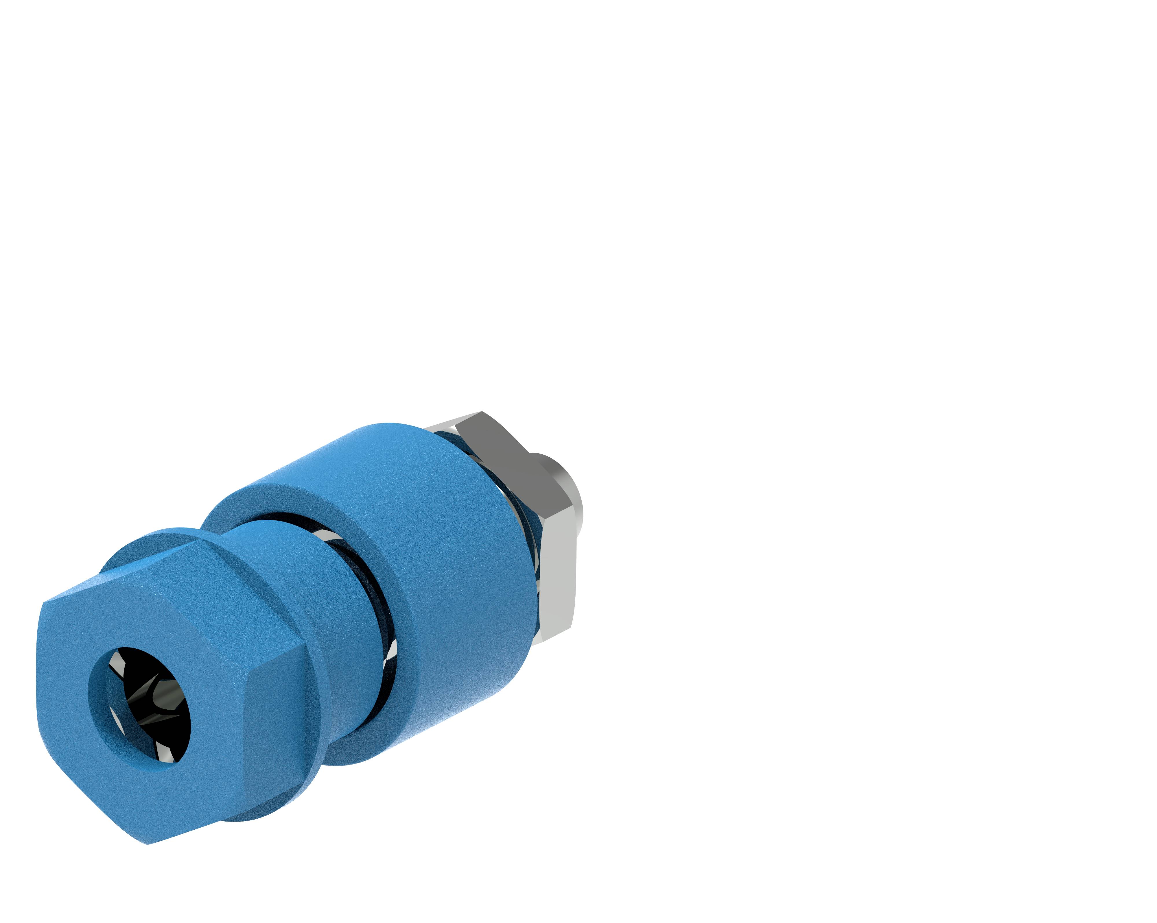 Ein blaues Metallteil, ähnlich einem Scharnier, liegt auf einer weißen Oberfläche. Es besteht aus zylindrischen und sechseckigen Formen.