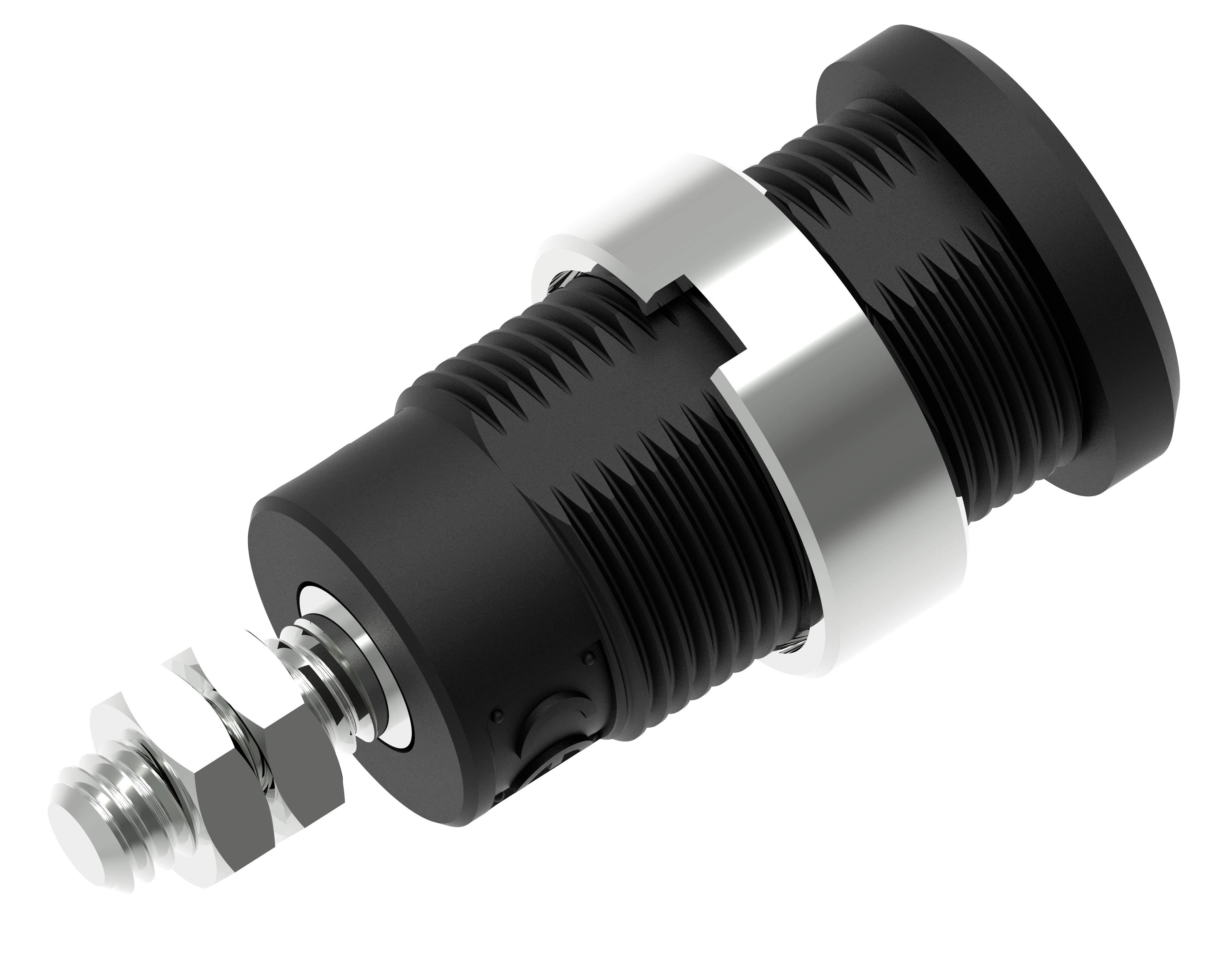 Industrie-Drucktaster in Schwarz mit silbernen Elementen; zylindrische Form, geeignet für mechanische Anwendungen.