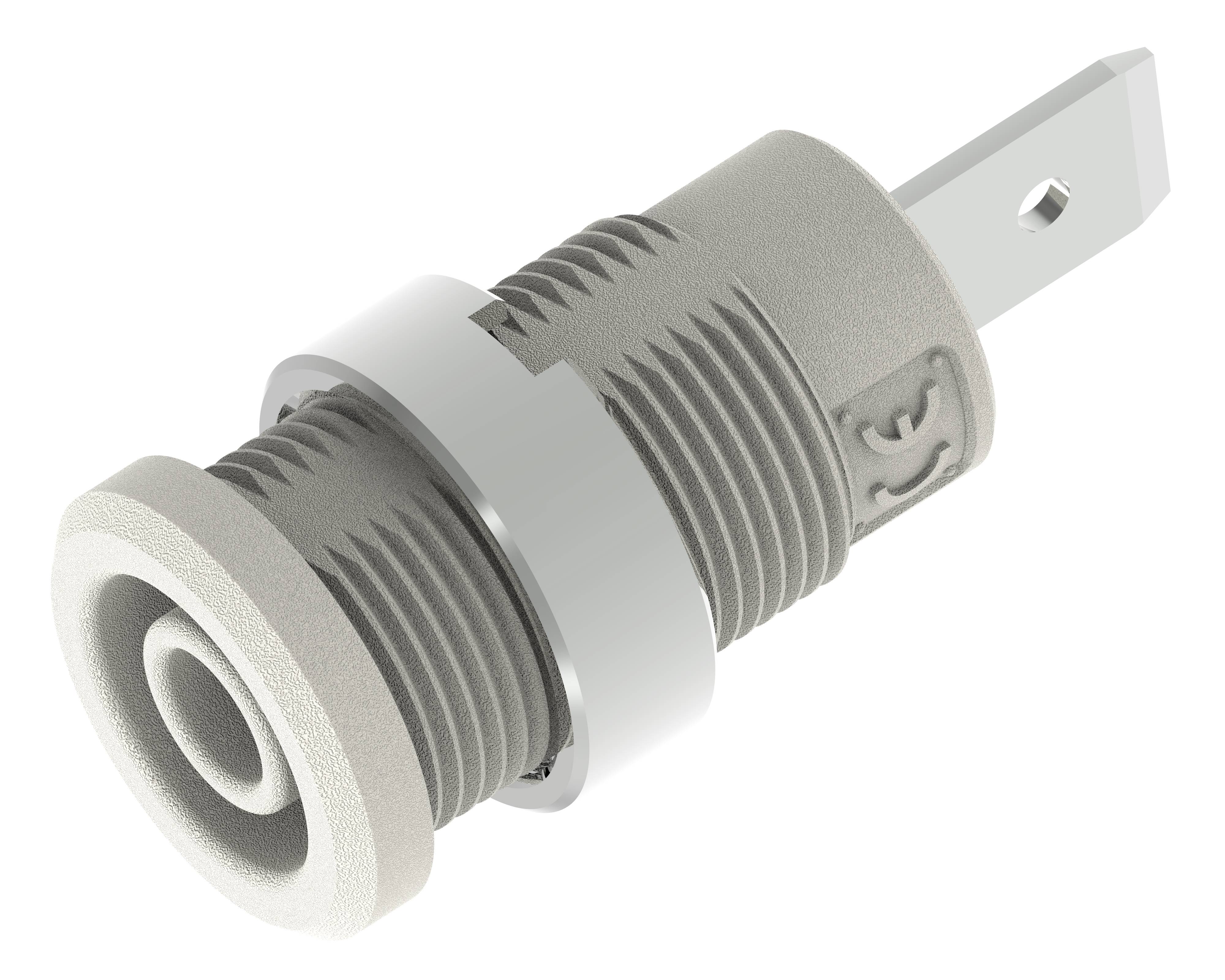 'Schraubloses Kabelsteckverbinder-Gehäuse' mit grauem Gewinde und Metallclip, für den sicheren Anschluss von Kabeln.