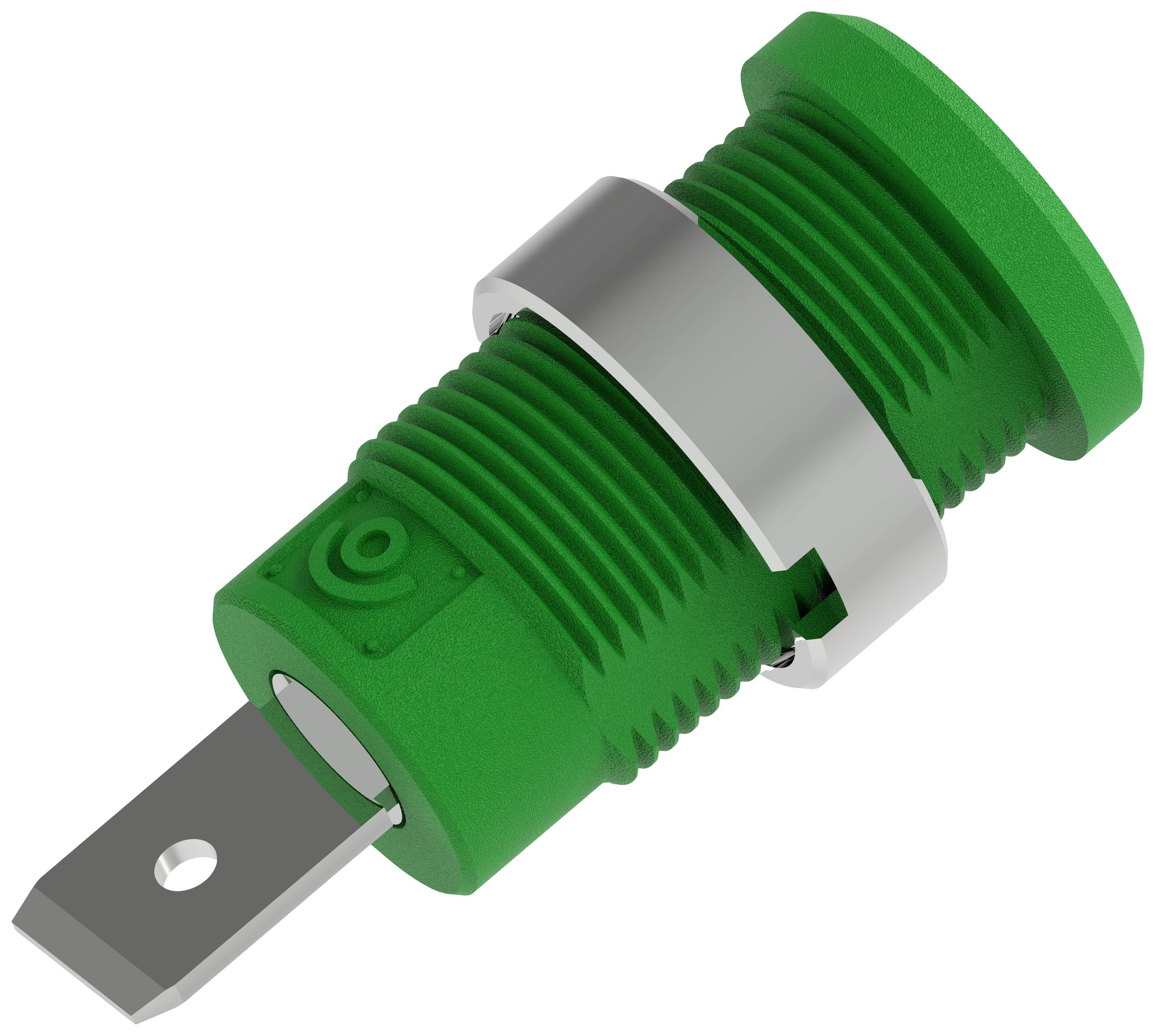 Grüner elektrischer Steckverbinder mit Metallclip, seitlich liegend, zeigt die Buchse und den Befestigungsmechanismus.