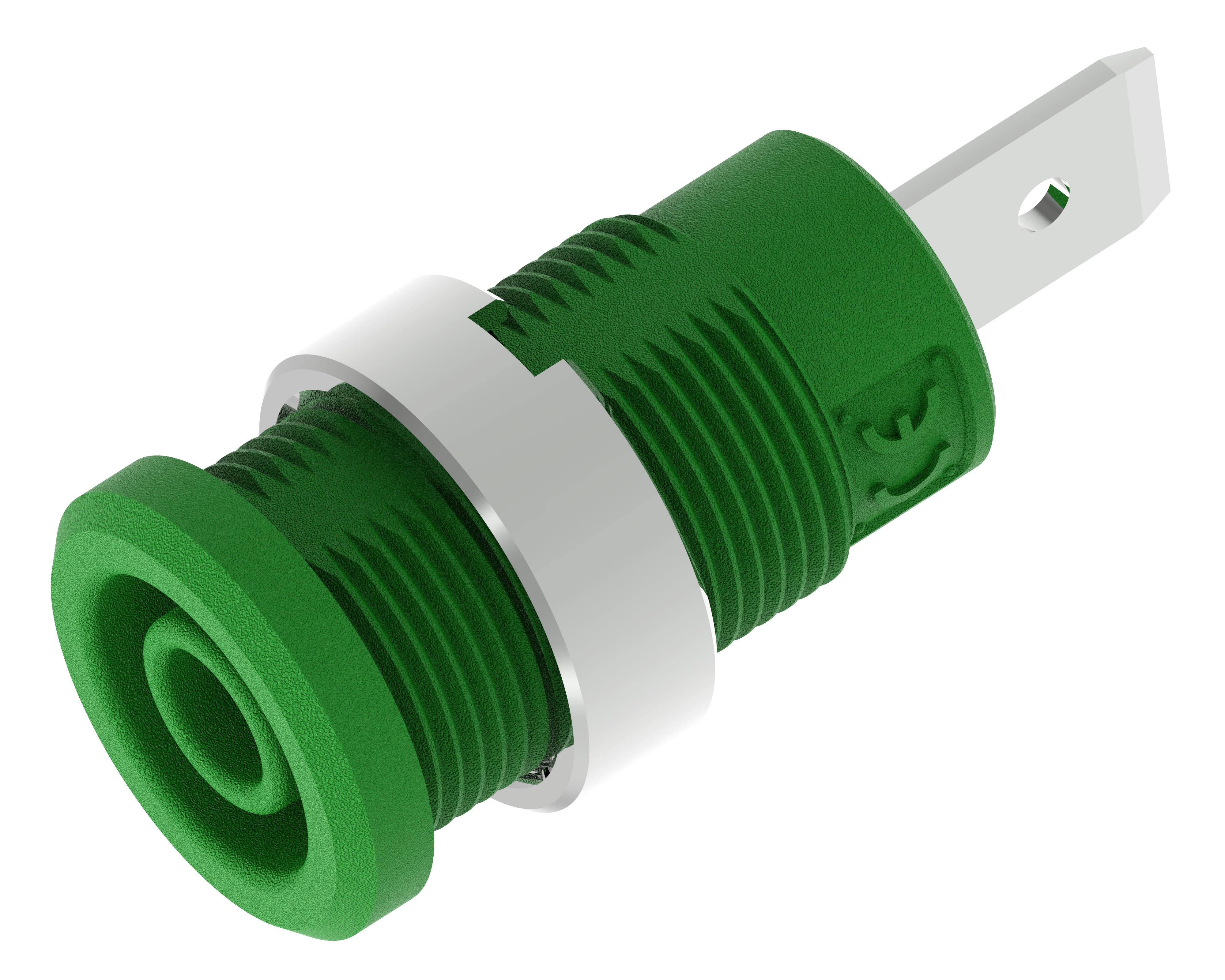 Grüner, zylinderförmiger Industriestecker mit Metallringen, wahrscheinlich für elektrische Verbindungen in technischen Anwendungen.