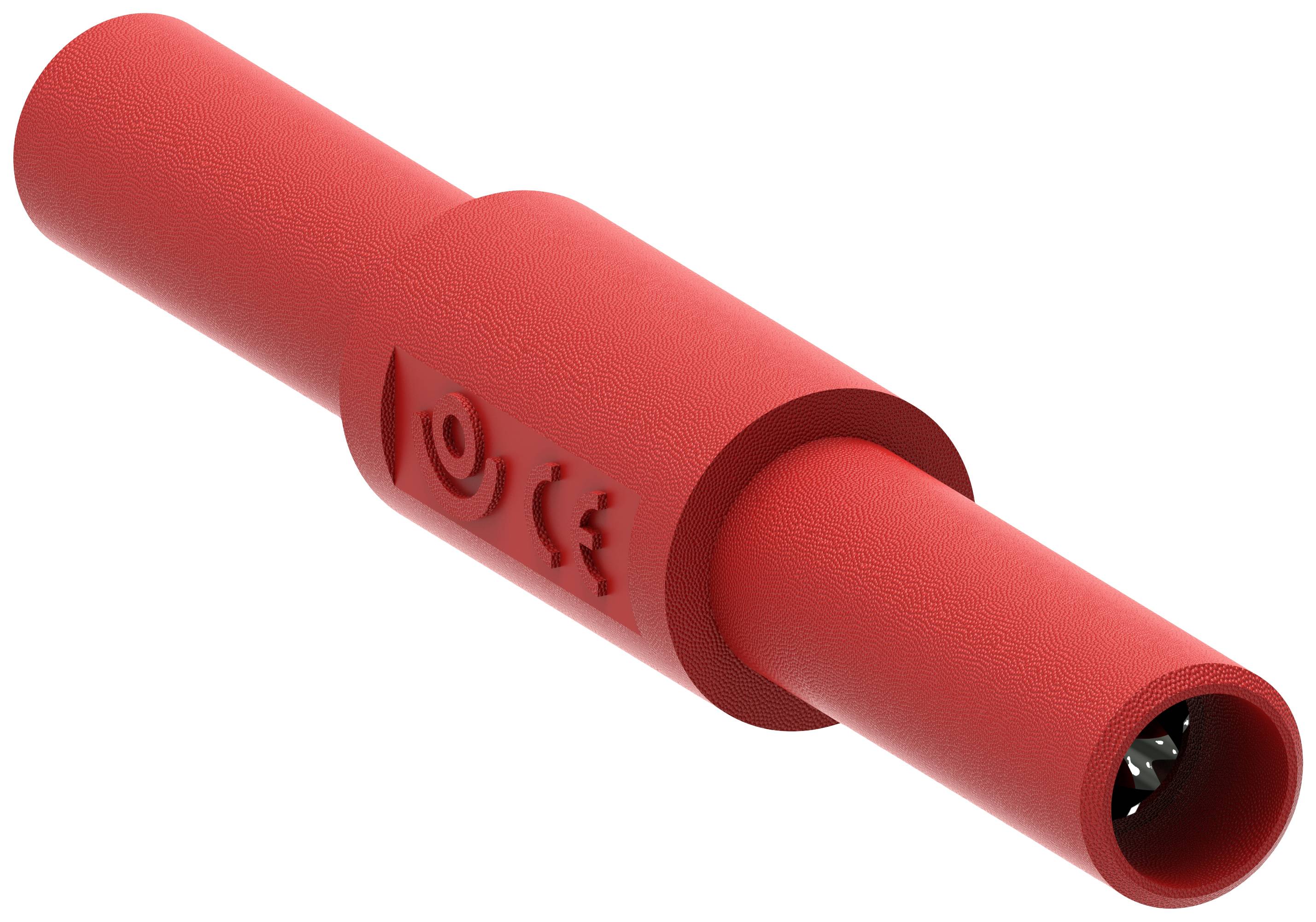 Ein roter, zylindrischer Stecker mit zentralem Griff und Abbildungen an der Seite, möglicherweise ein elektrischer Anschluss.