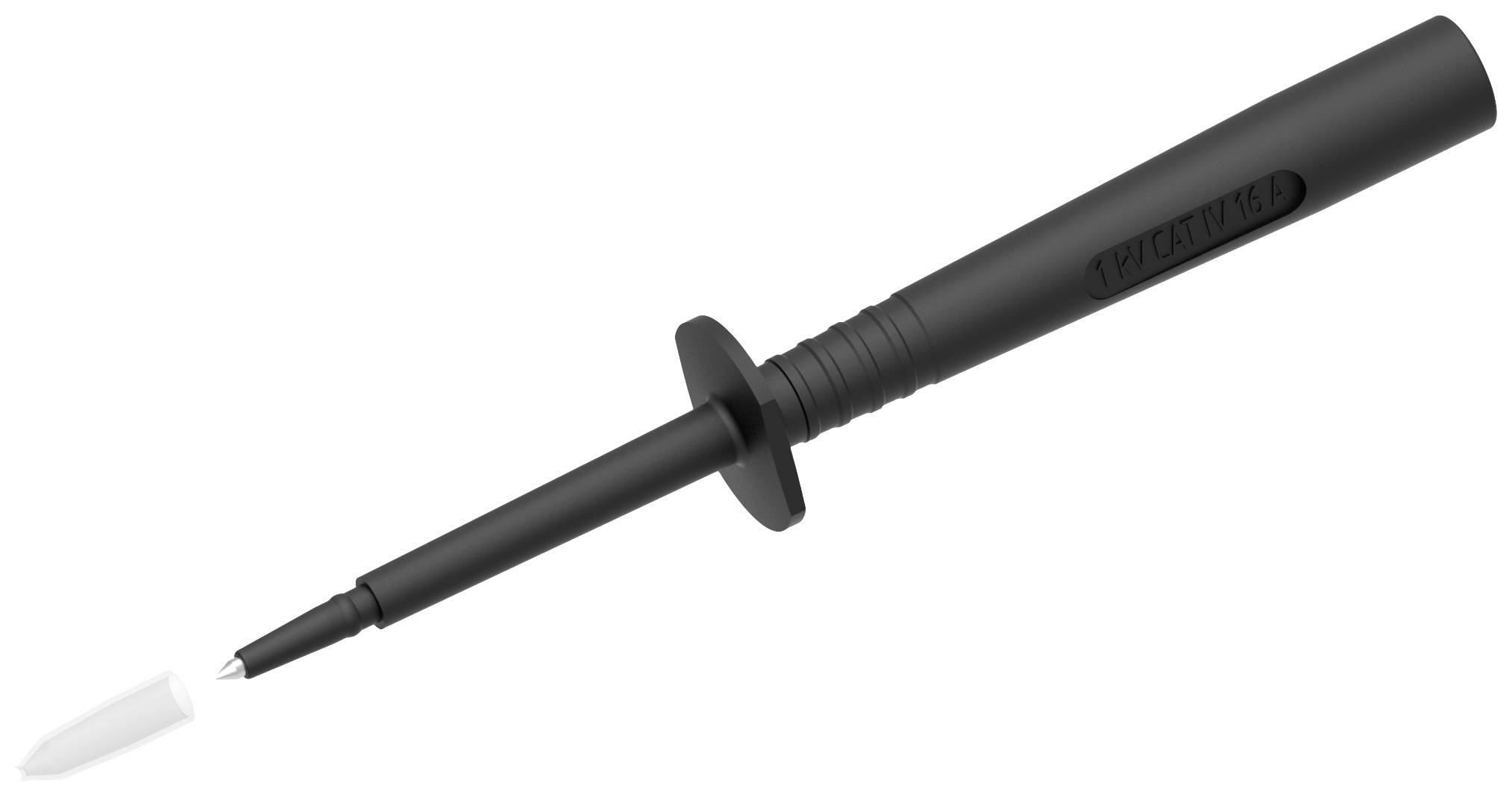 Schwarzer Elektronik-Prüfsondenstift mit abnehmbarem weißen Kappenschutz, verwendet für elektrische Messungen.