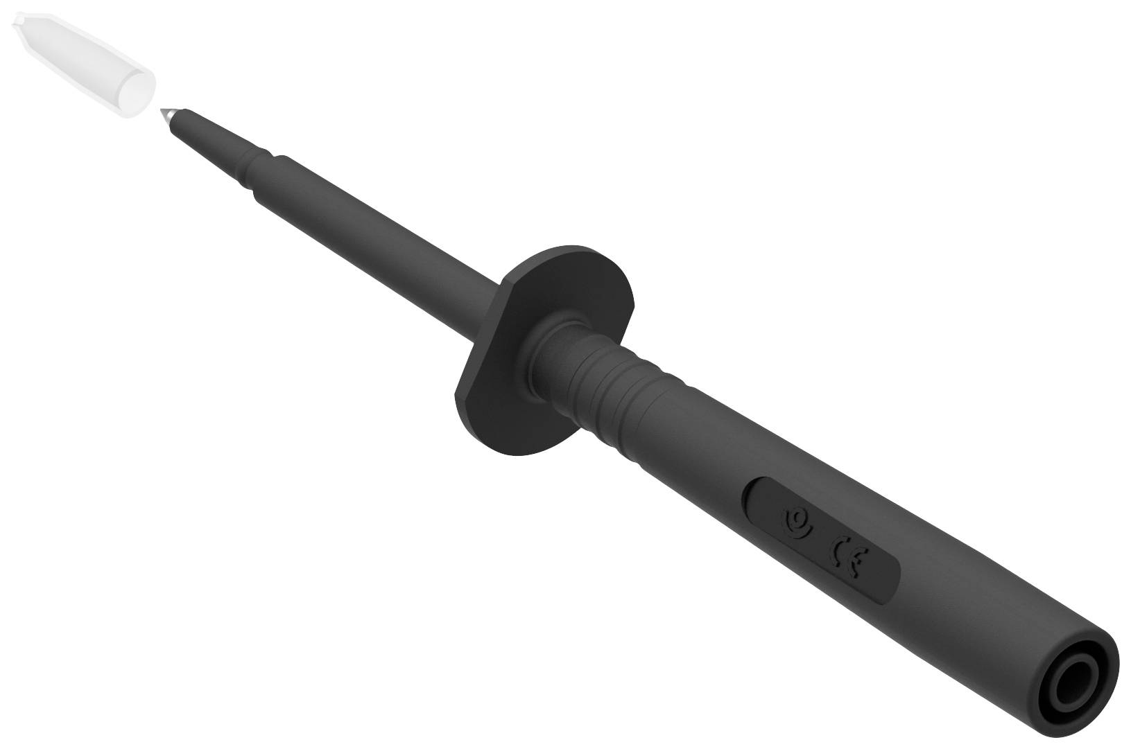 Schwarze Prüfspitze mit abnehmbarem Schutzkappenschutz, geeignet für Elektroniktests. Ergonomischer Griff und isolierte Spitze.