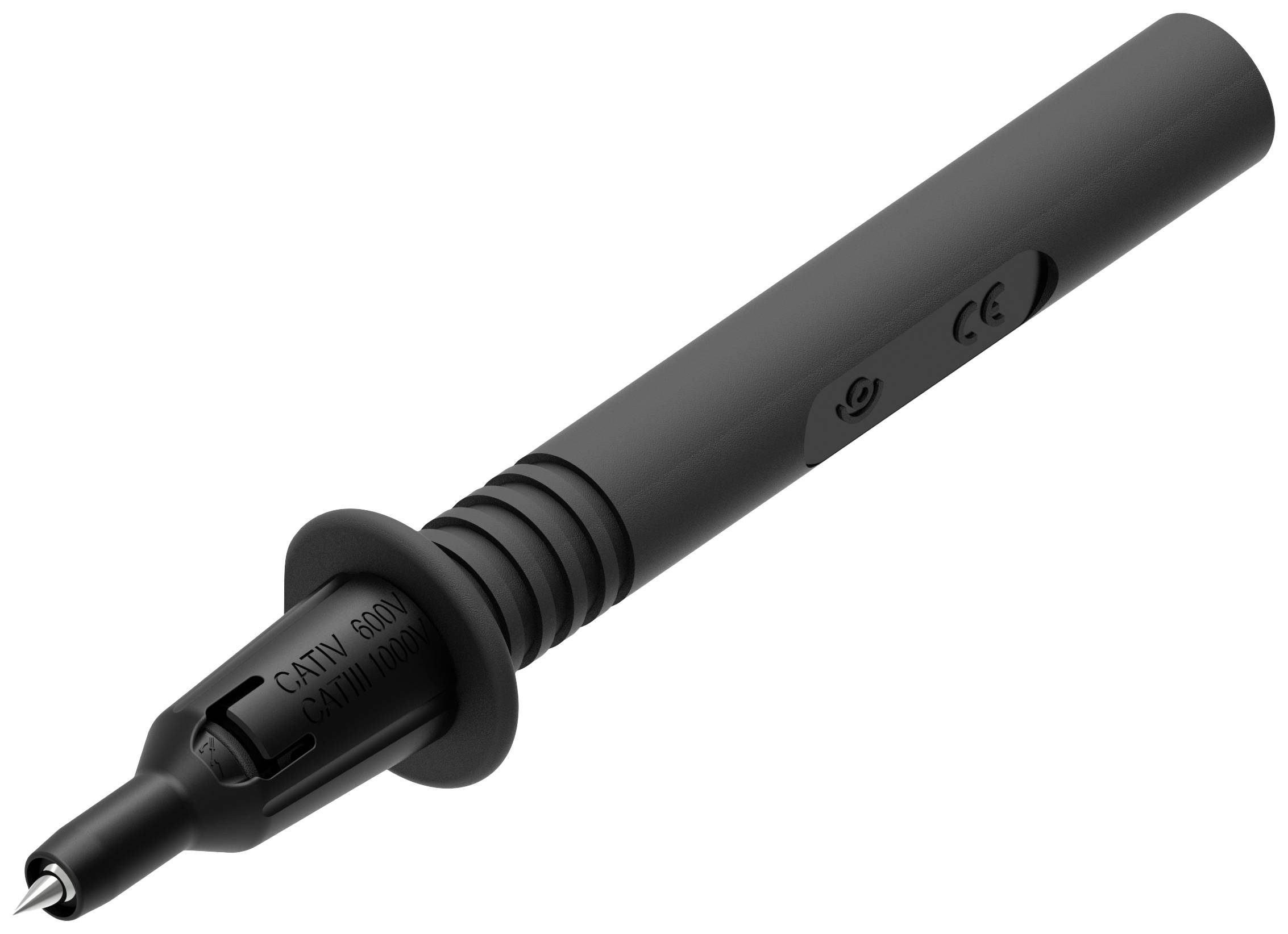 Ein schwarzer Multimeter-Teststift mit einem geriffelten Griff und einer feinen Metallsptize.