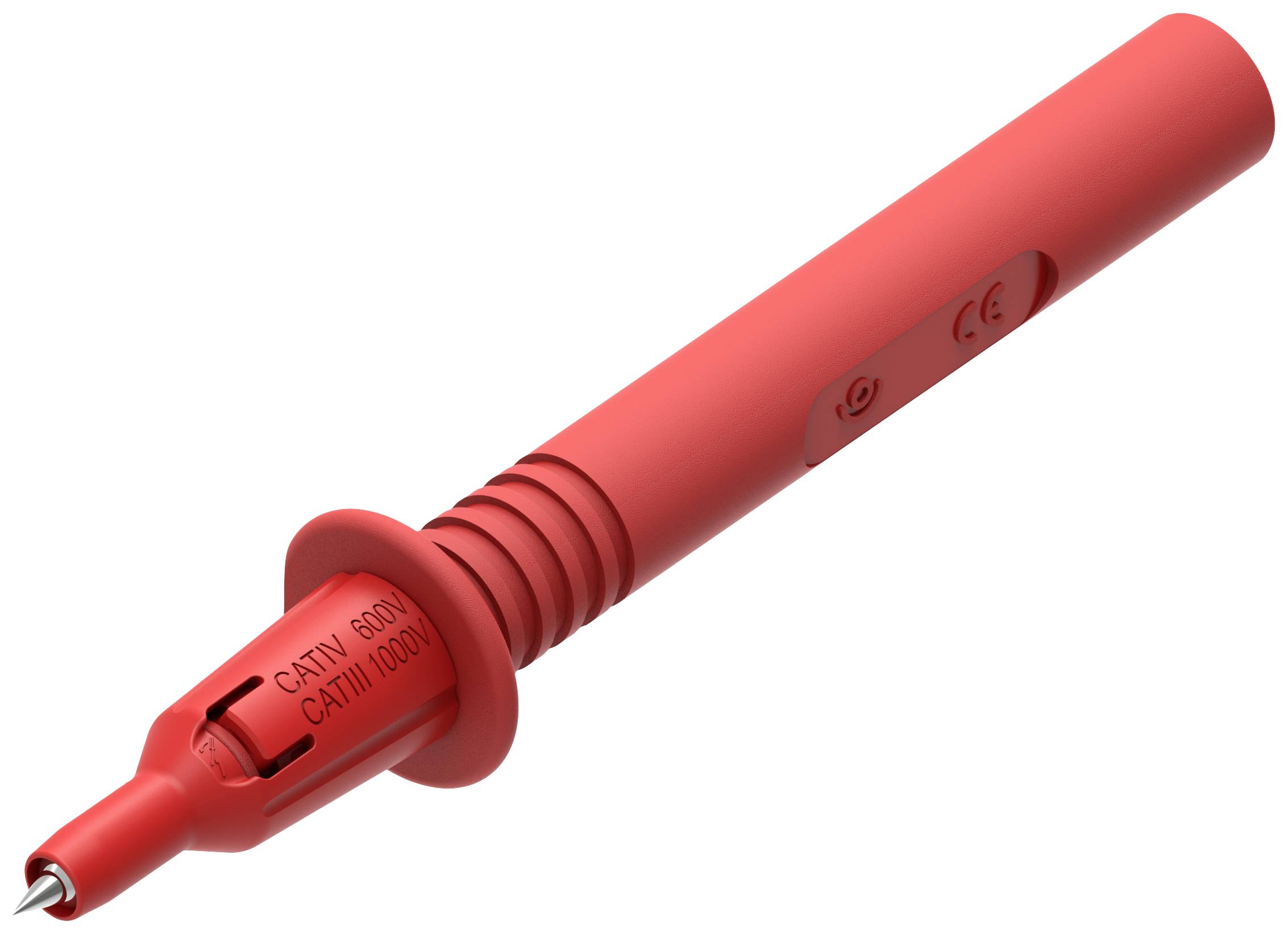 Rotes Prüfspitzenzubehör mit isoliertem Schaft und Metallspitze, geeignet für elektrische Messungen bis 600 Volt.