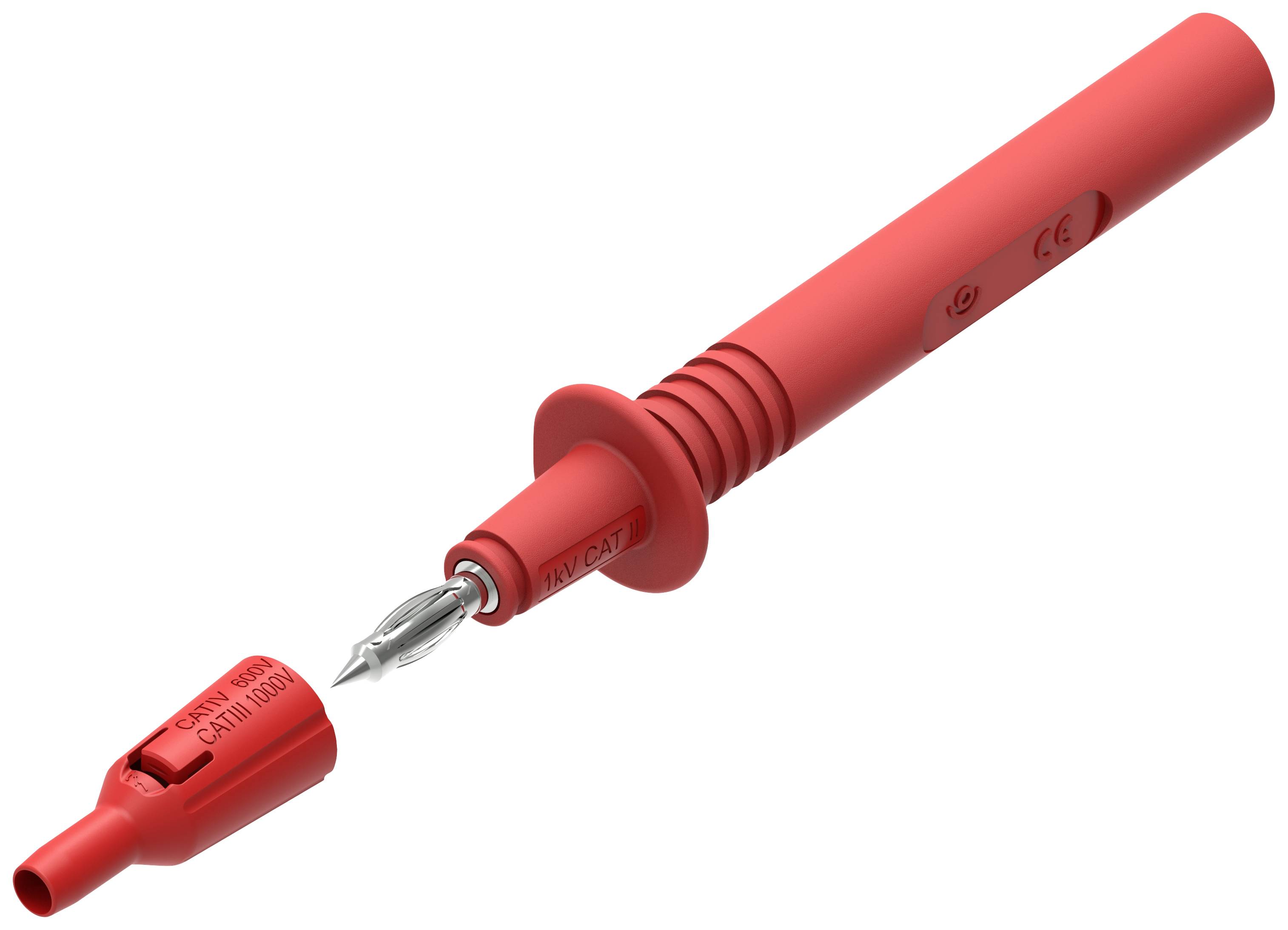 Ein roter Prüfstift mit abnehmbarer Kappe und Metallspitze, geeignet für elektrische Tests. Markierungen zeigen Modell und Sicherheitsinformationen.