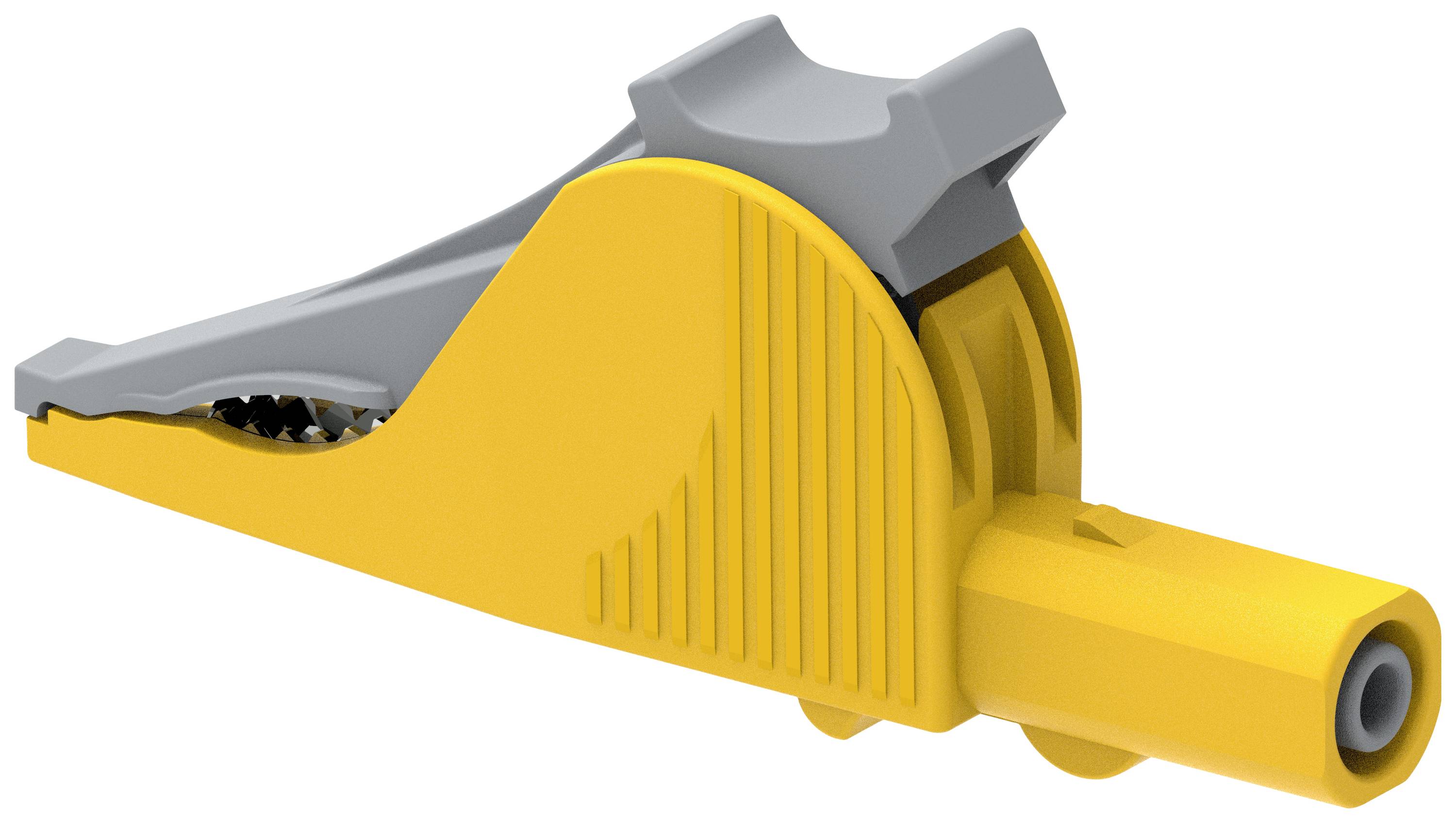 Gelbe Krokodilklemme mit grauem Griff. Sie dient zum sicheren Halt von Kabeln bei elektrischen Verbindungen und Tests.