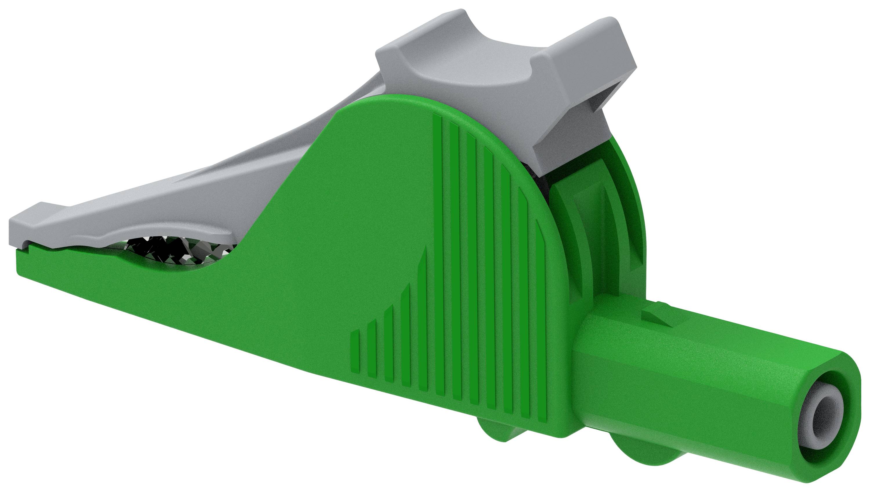 Ein grüner Krokodilklemme mit grauem Hebel, verwendet zum sicheren Verbinden elektrischer Kabel in Laborumgebungen.