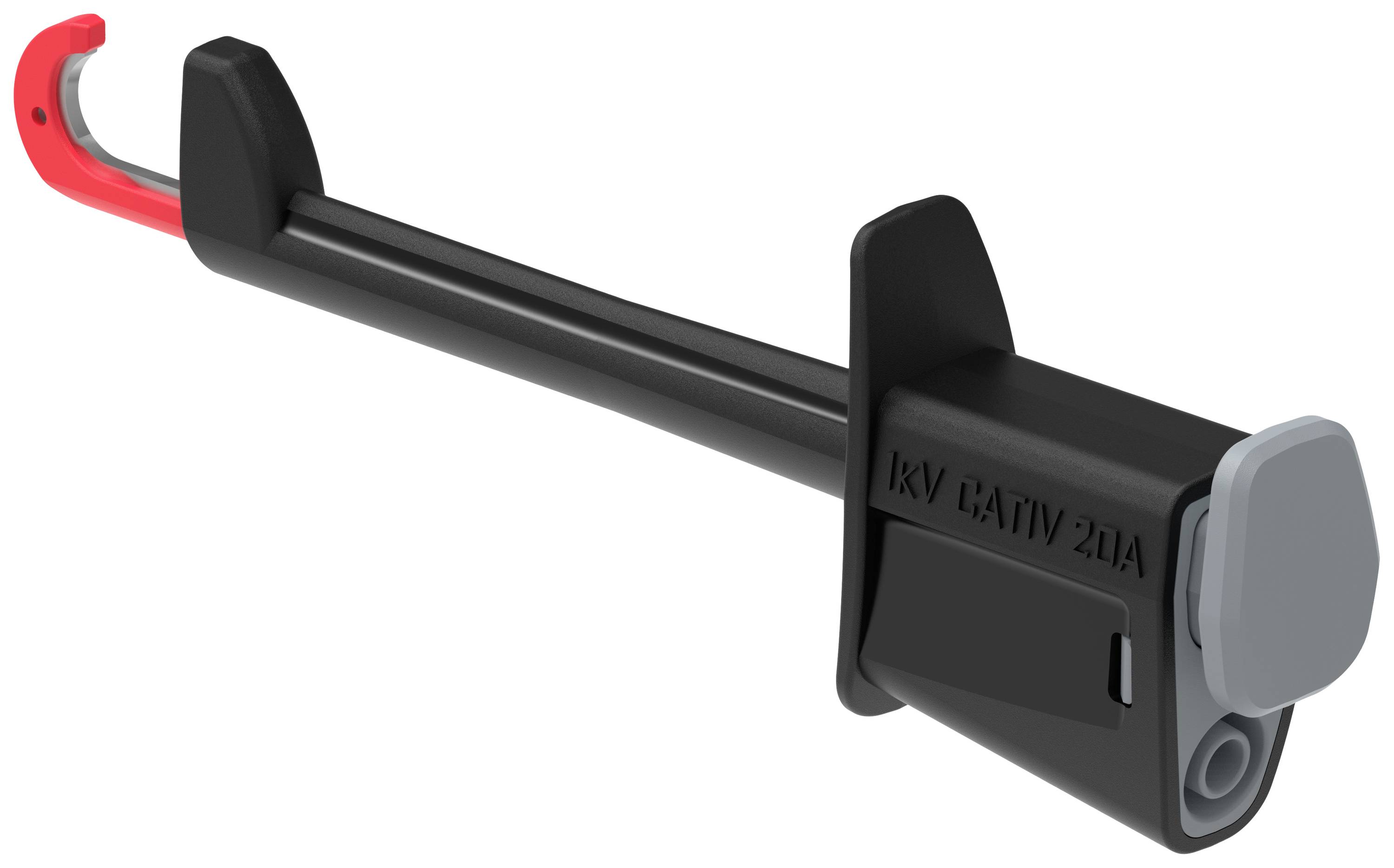 Ein schwarzer, länglicher Adapter mit rotem Haken, beschriftet mit 'kV CAT IV 21A', verwendet für Hochspannungsanwendungen.