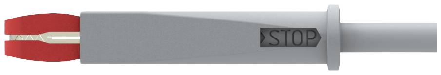 Langgraues Werkzeug, wahrscheinlich ein Stift oder Marker, mit roter Spitze und sichtbarem Schriftzug 'STOP' an der Seite.