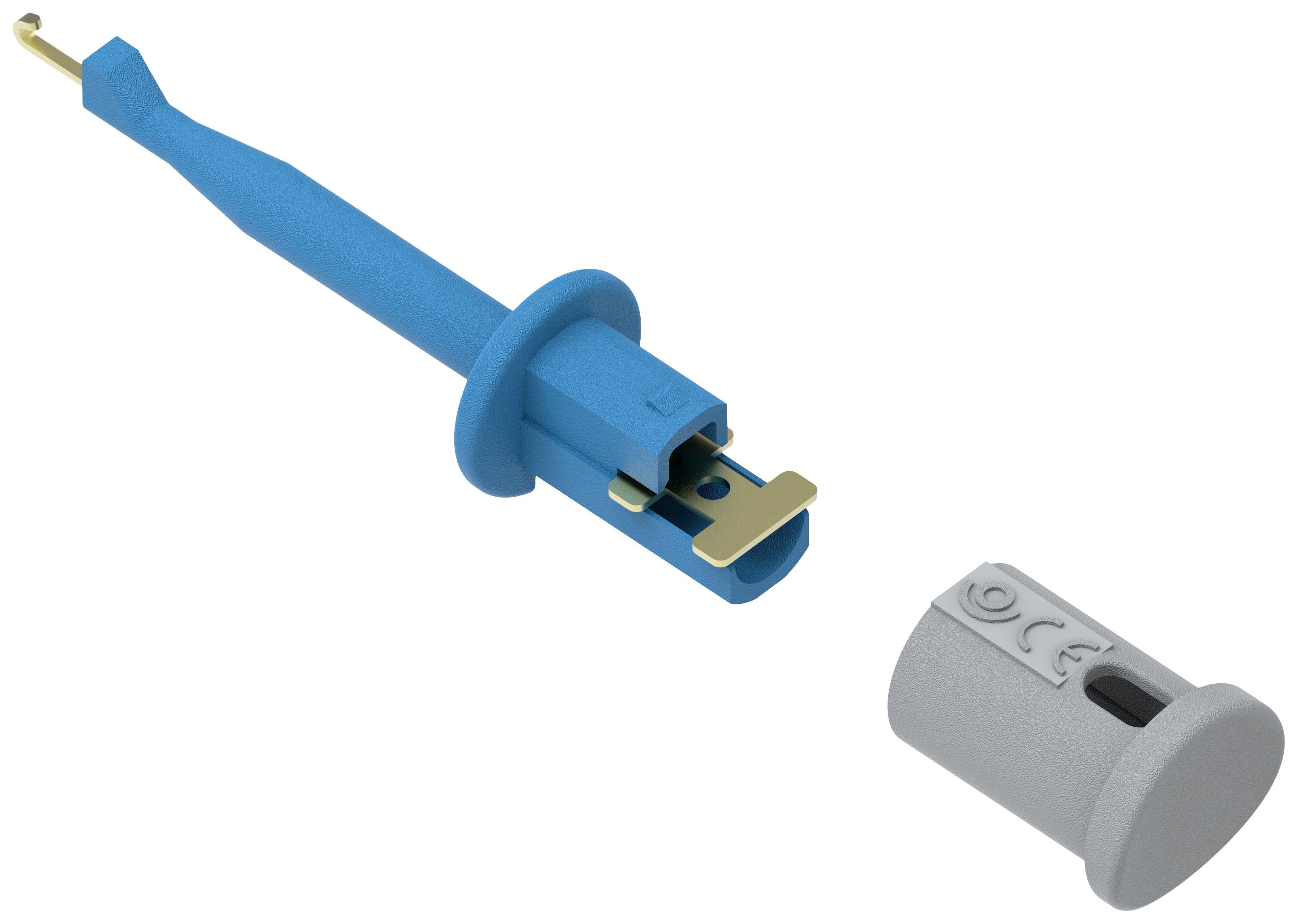 Ein blaues Werkzeug neben einem grauen Zylinder. Das Werkzeug hat ein gebogenes Ende und das Zylinderstück zeigt ein einfaches Symbol.