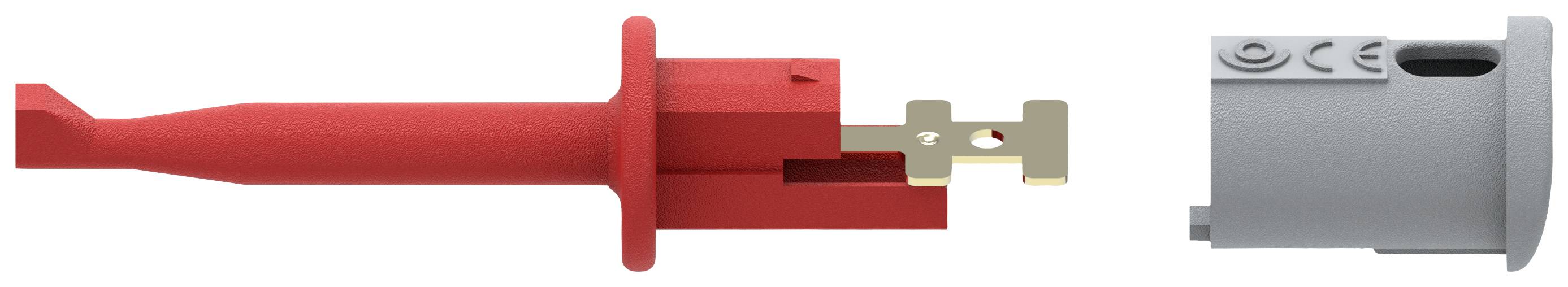 Ein rotes Prüfsteckersystem mit Metallkontakten links und einem grauen Gegenstück rechts, zur sicheren elektrischen Verbindung.