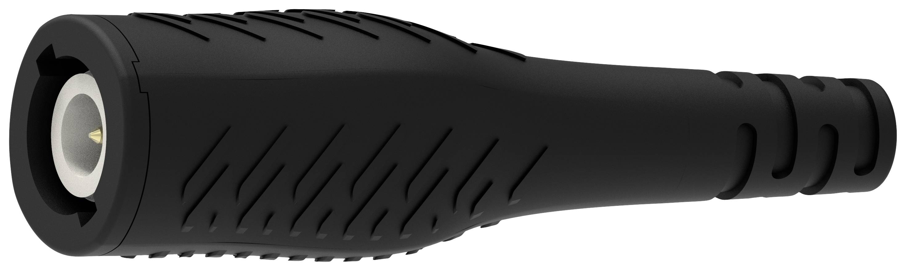 Ein schwarzer, torpedoförmiger Kunststoffstecker mit geriffelter Oberfläche und einem Metallkontakt an einem Ende.