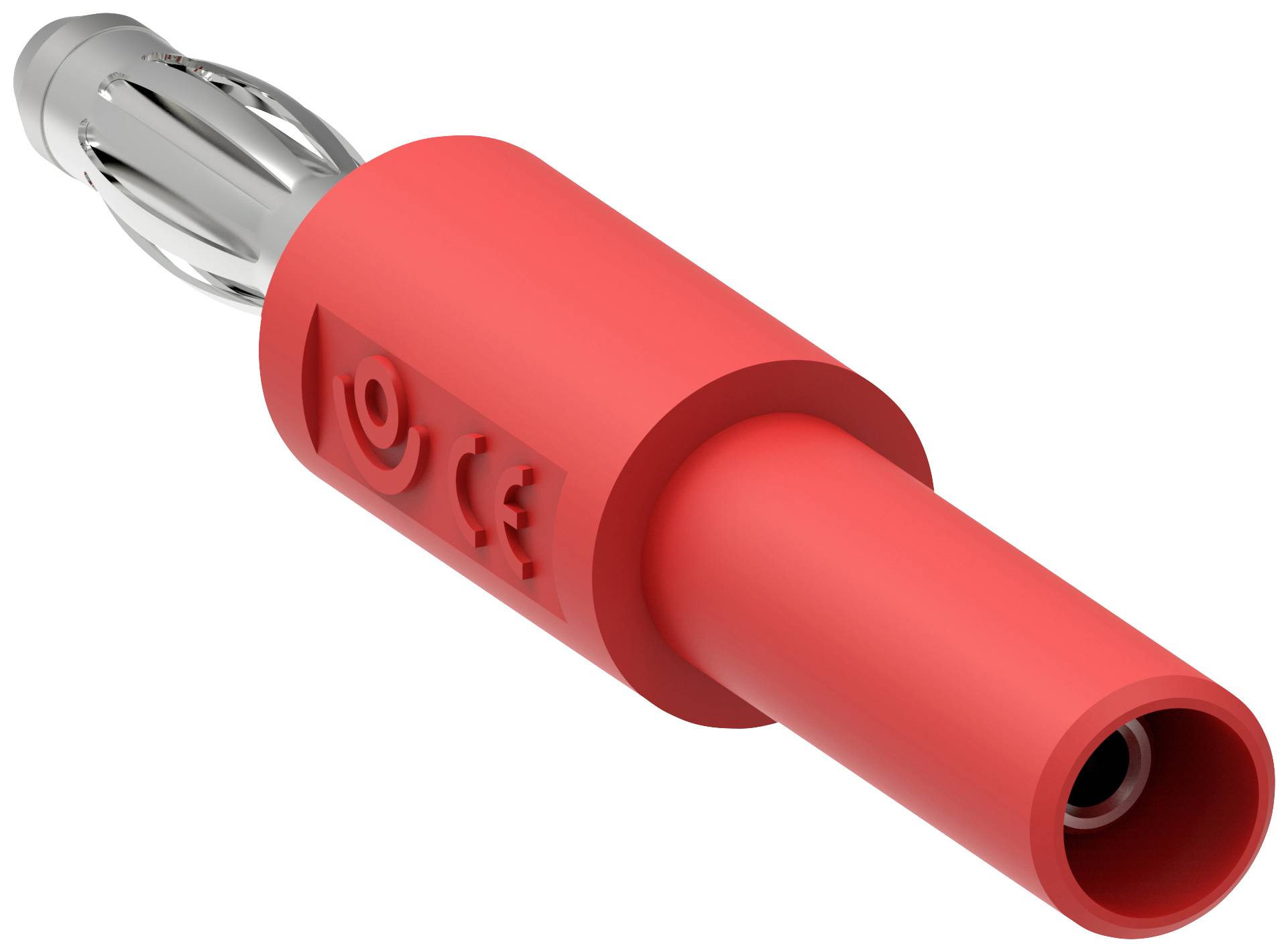 Roter Stecker in zylindrischer Form mit Metallkontakt, geeignet für elektrische Verbindungen.