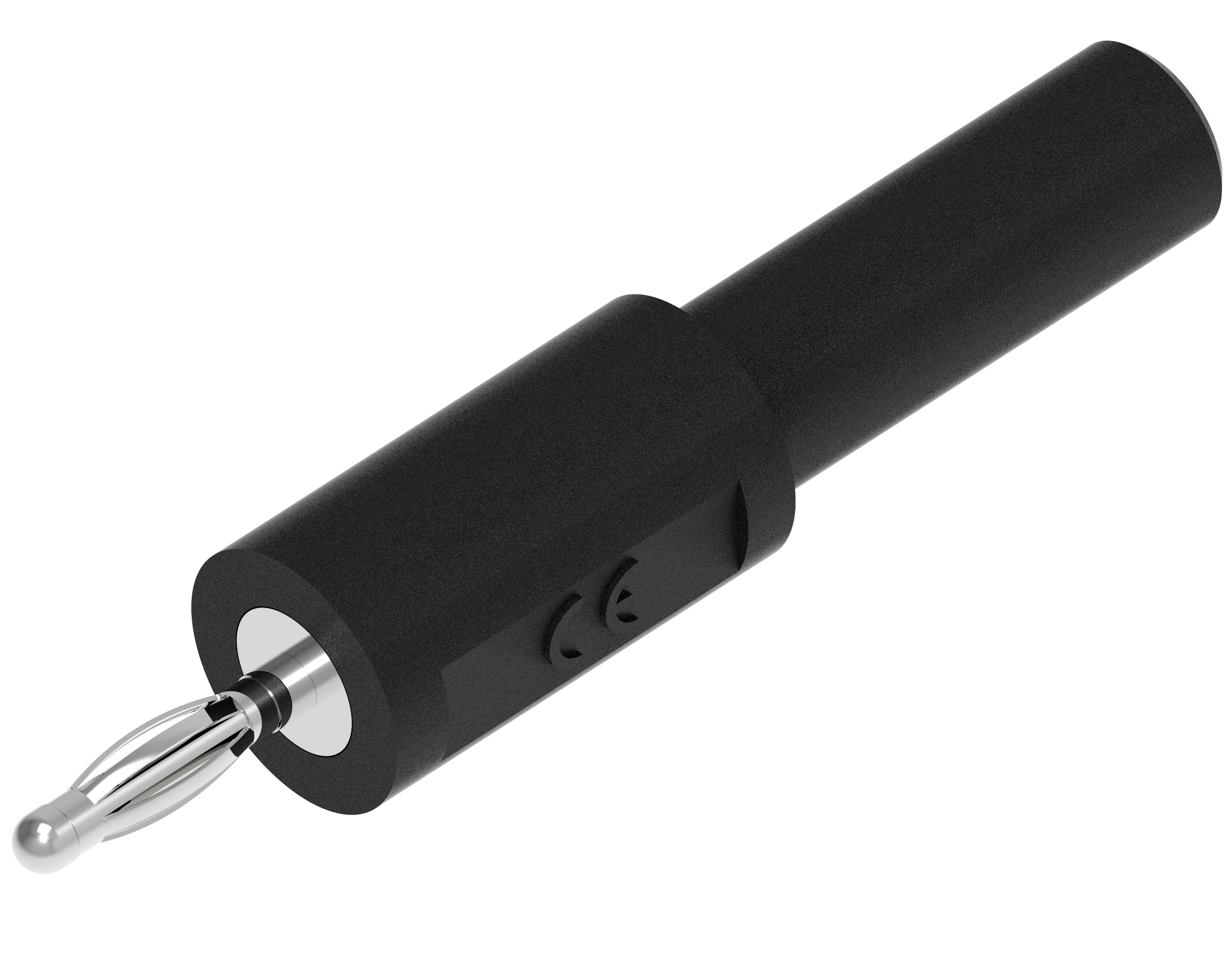 Ein schwarzer Bananenstecker mit Metallkontakt, geeignet zum Anschluss elektrischer Geräte an eine Stromquelle.