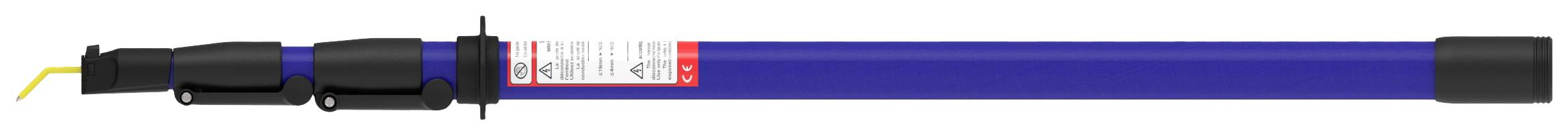 Blaue Teleskopstange mit schwarzem Griff, geeignet für Reinigung oder Malerarbeiten. Etikett mit Sicherheitsinformationen ist sichtbar.