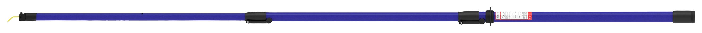 Eine blaue Teleskopstange mit schwarzen Griffen und einer roten Markierung in der Mitte.