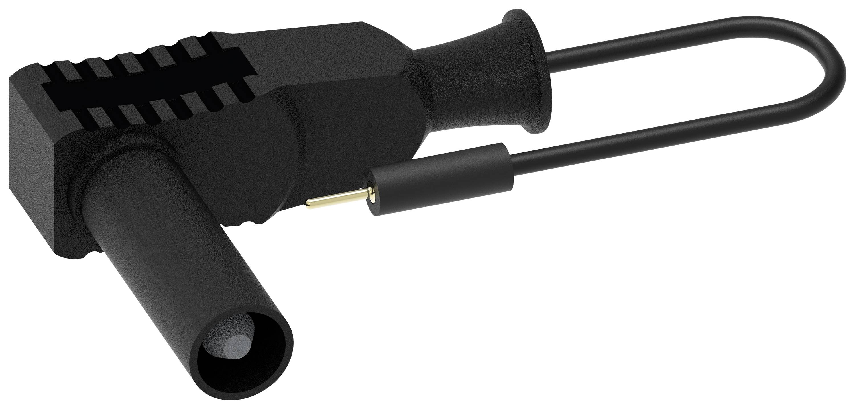 `Ein schwarzer Gummi-Akkuadapter mit zwei offenen Enden und einem separaten Anschlusskabel, dargestellt auf weißem Hintergrund.`