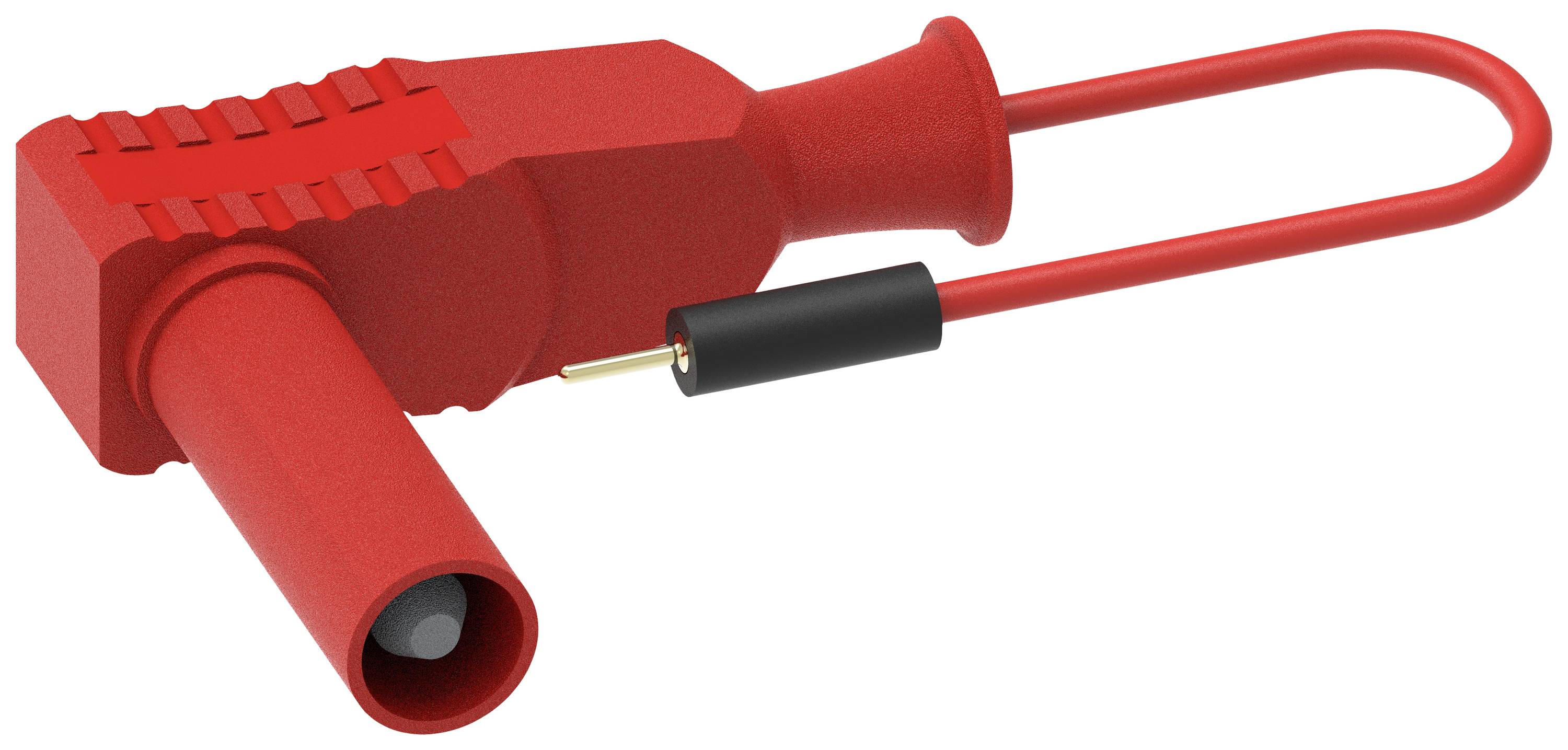 Ein roter, gewinkelter elektrischer Stecker mit einem abnehmbaren Metallkontakt und einer roten Schlaufe zur sicheren Befestigung.