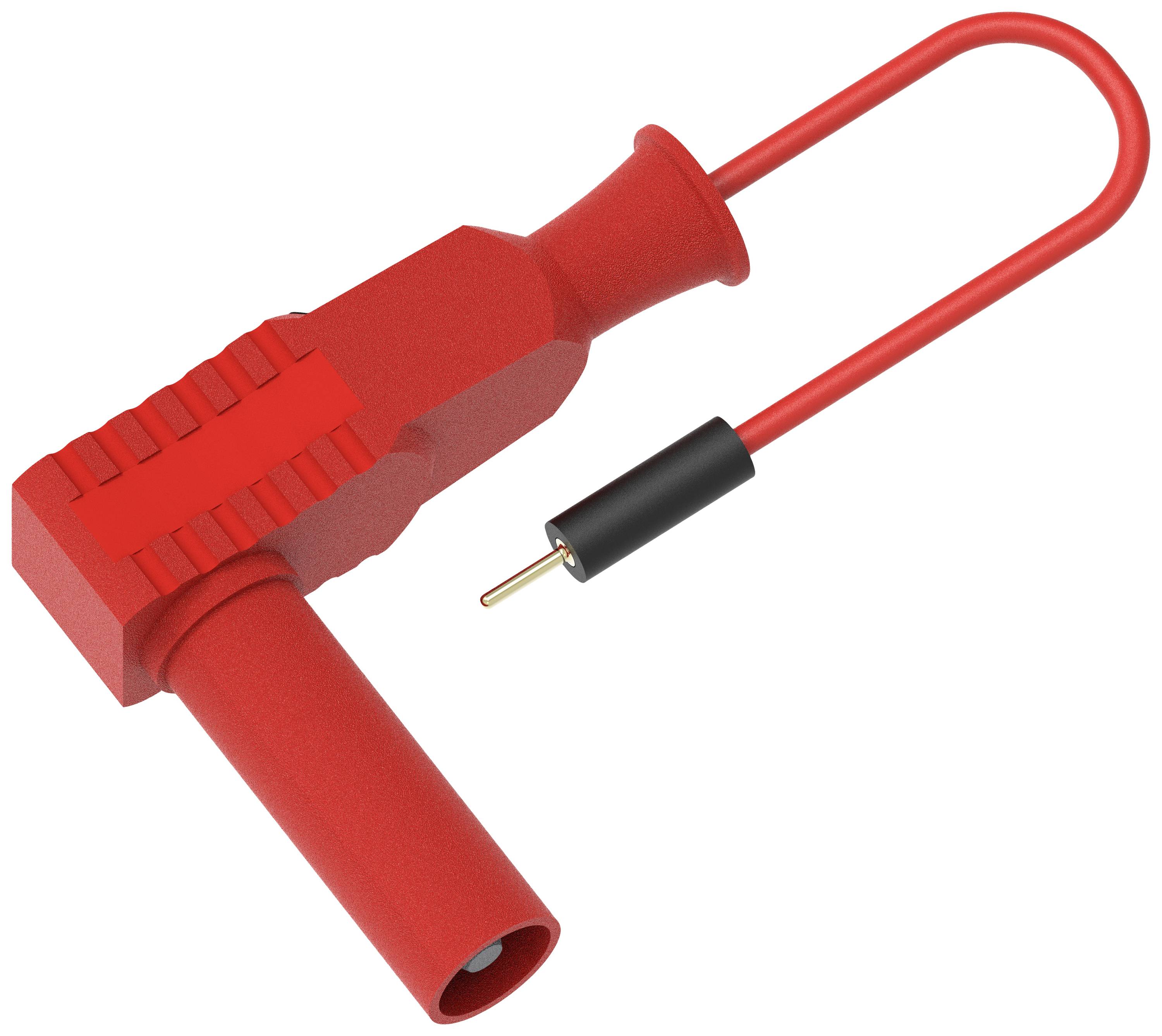 Ein roter Steckeradapter mit einem U-förmigen Kabel und einem goldenen Kontaktstift. Hauptsächlich zur elektrischen Verbindung.