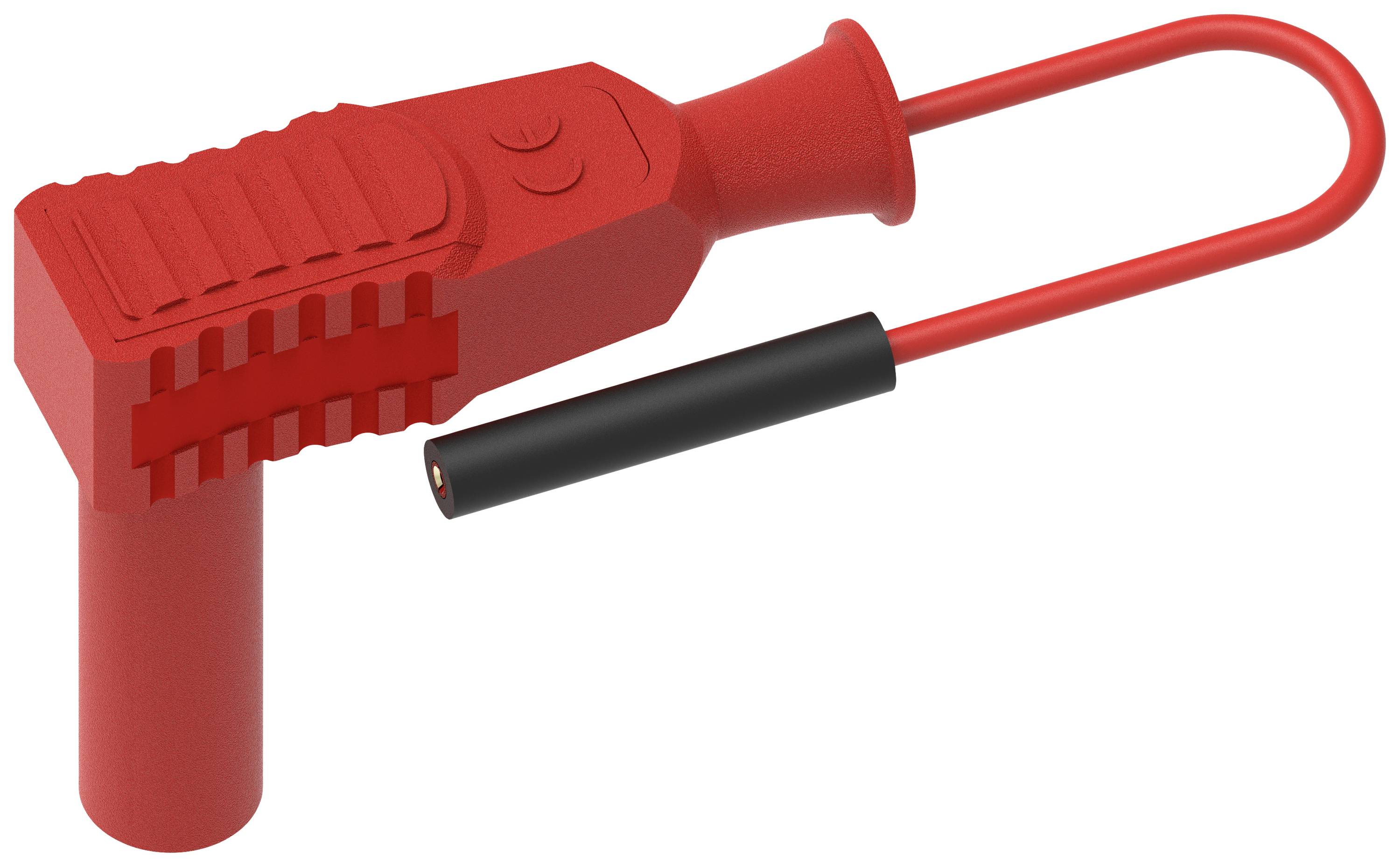 Ein roter, rechteckiger Kunststoffhalter mit Haken und vertikalem Griff. Ein schwarzer Stift ist an der Halterung befestigt.