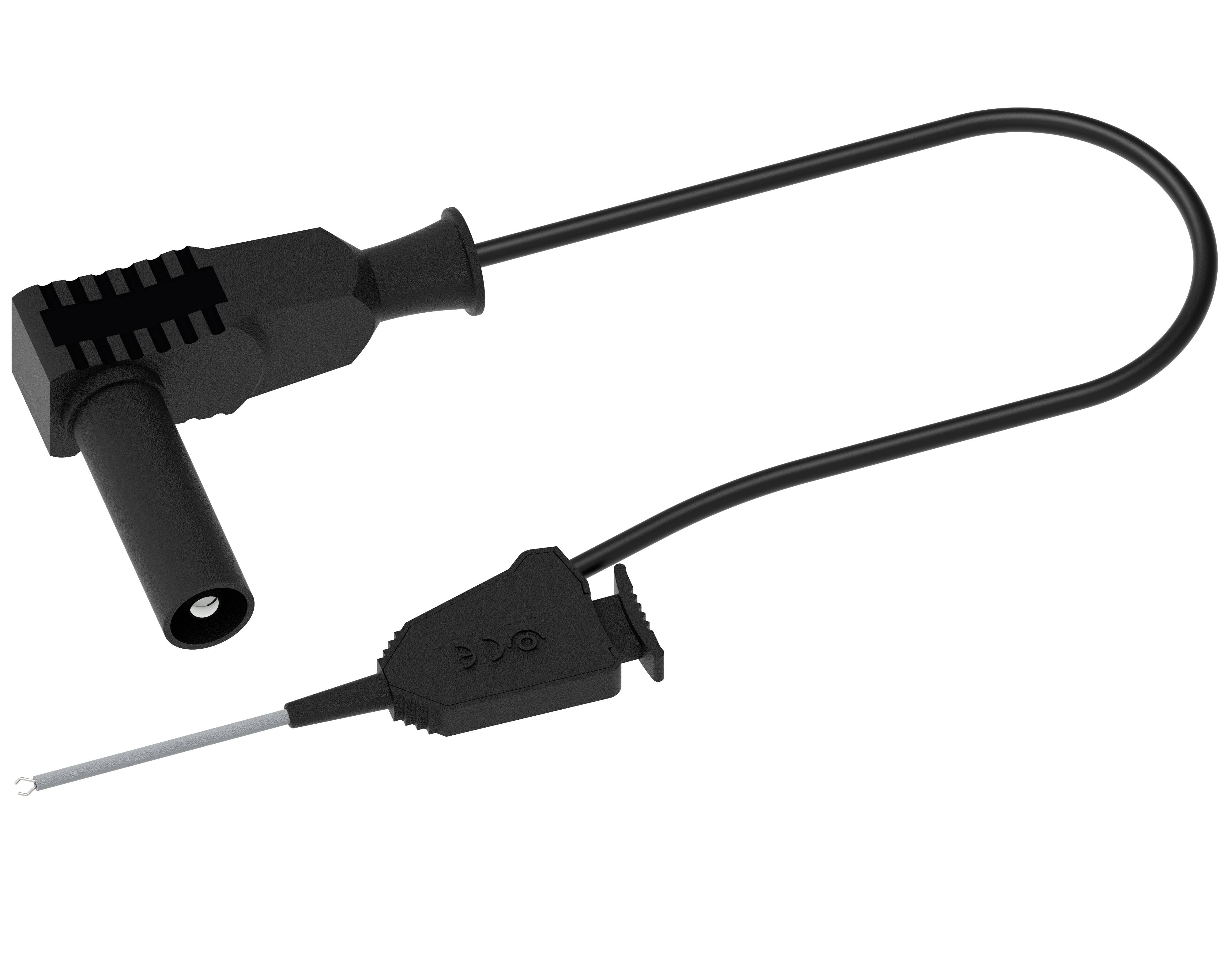 Ein schwarzes Kabel mit einem zylindrischen Anschluss auf der einen Seite und einem flachen Stecker auf der anderen.