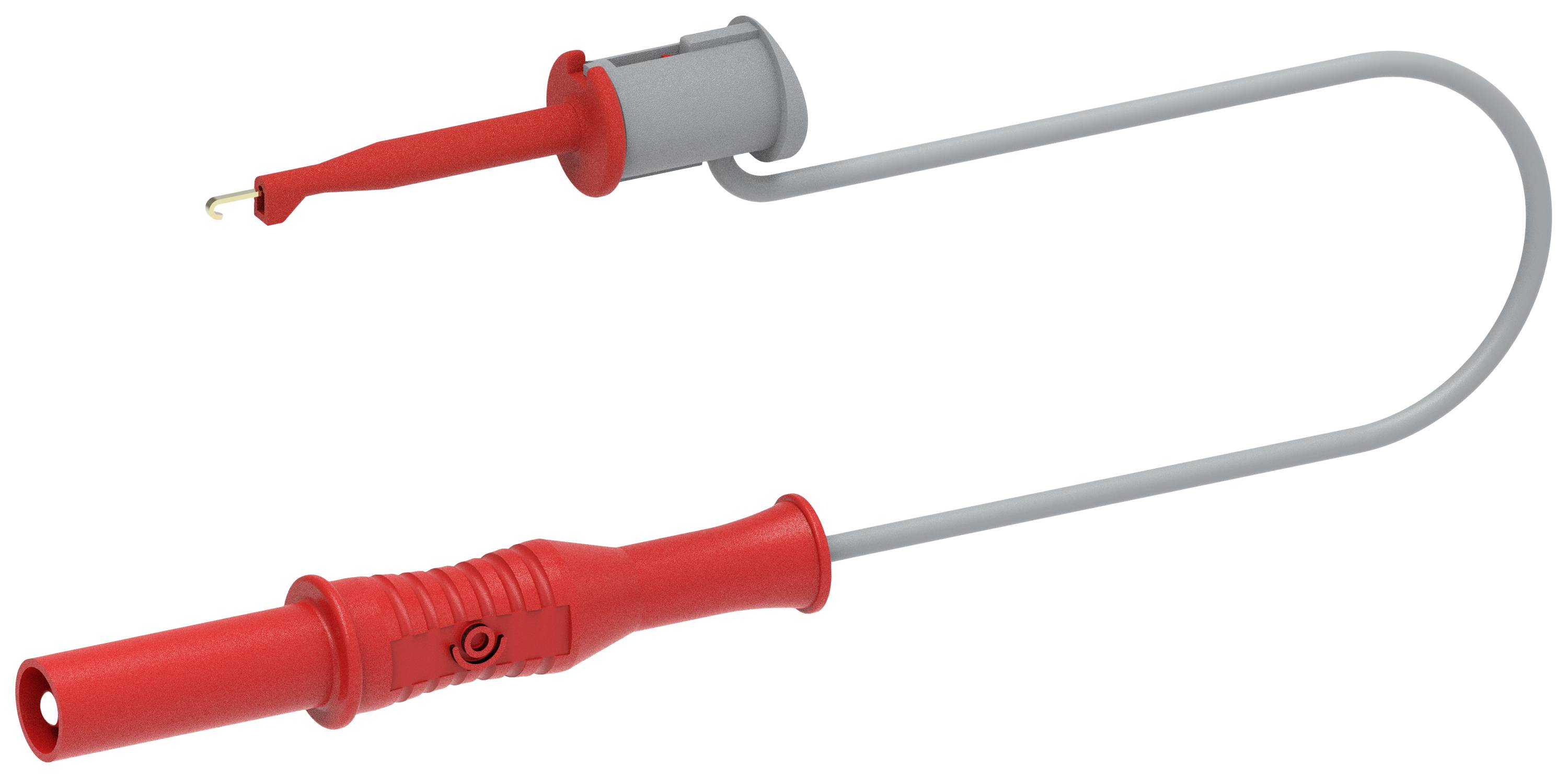 Ein rotes Prüfgerät mit Krokodilklemme und Stecker, verbunden durch ein graues Kabel, wird für elektrische Messungen verwendet.