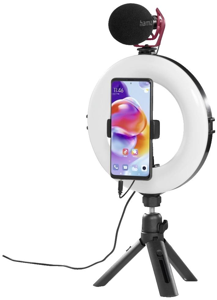 Ein Ringlicht auf einem Stativ mit einem befestigten Smartphone und Mikrofon. Ideal für Videoaufnahmen oder Livestreams.